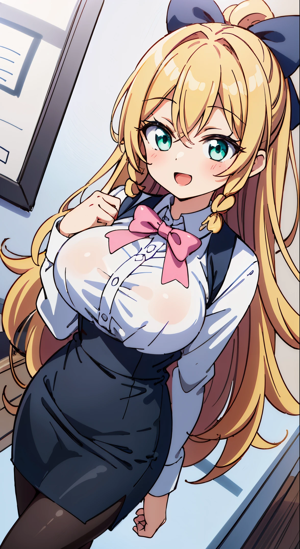 (masutepiece, Best Quality, Perfect Anatomy, High quality:1.4), absurderes, absolutely resolution, unbelievable Ridiculous, hight resolution, ultra-detailliert, Official art, Unity 8k壁纸, Kinetic typography,nice hand, Perfect hands, Detailed beautiful hands, Large_filesize, fulcolor, hight resolution, symmetric, exceptional, Best aesthetic, newest, Anime, very beautiful detailed body,The hair,faces,The eye, BREAK, 1 beautiful girl, girl with, (Cute:1.5),(Chibi:0.5),(kawaii:2.0),(Lori:2.0),( girl),(large full breasts:1.65),(Ahoge,Twin braids,Blonde hair, blue bow, Green eyes,eyebrows visible through hair,side locks,Parted bangs,Long hair, Hair Flower, Hair Ornament, Big ribbon in the hair, Curly hair,Bow:1.4),:el,White feathers, one white winged, Angel wings,Spread wings, Glowing wings),pitt \(Kid Icarus\),gleaming skin, Clear skin, shining beautiful skin, Open mouth,Smile, Solo, tusk, Upper teeth,(long eyelashes, Double eyelids:1.2),Solo,gleaming skin, Clear skin, Beautiful skin,(best quality face),(Top quality glowing eyes),(The best smile,Doya face:1.45), 

BREAK,(white and gray theme:1.3), (wearing in [[white and gray check pattern]] Vest worn over white collared long-sleeved shirt:1.4), (gray vest with buttons:1.2),
BREAK (Pink Theme:1.2), (pink ribbon bow:1.3),
BREAK (Black theme:1.4), (Tight black pencil skirt:1.5), (pantyhose:1.3), (high-heels:1.1),


BREAK ,(Office, desk work, whiteboard, sofa, buildings from window,Makuhoku Computer,
(upward looking gaze :1.2) ,
Looking Up ,
From  above ,depth of fields,

 BREAK,wakame,wakame,wakame,(Cowboy Shot:1.4), 

BREAK,(Blurry background:1.3),(absurderes, hight resolution, Super Detail Art),cel shading,Clear Color, Lonely optical effect, Beautiful pictures, Bright glow, mystic atmosphere,(Close-up of girl:1.1), Mystical light particle effect,manga influence, clean line drawings,