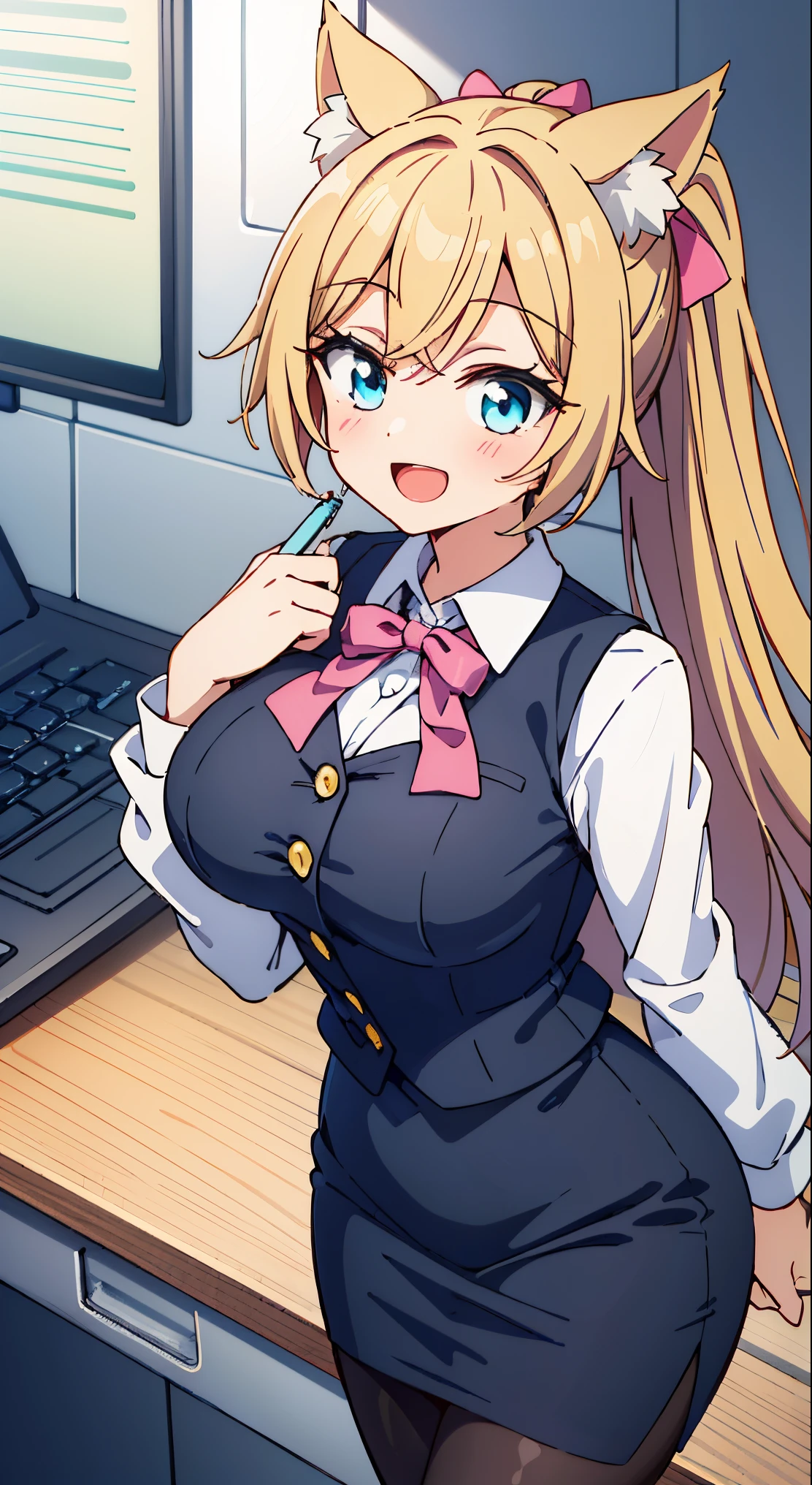 (masutepiece, Best Quality, Perfect Anatomy, High quality:1.4), absurderes, absolutely resolution, unbelievable Ridiculous, hight resolution, ultra-detailliert, Official art, Unity 8k壁纸, Kinetic typography,nice hand, Perfect hands, Detailed beautiful hands, Large_filesize, fulcolor, hight resolution, symmetric, exceptional, Best aesthetic, newest, Anime, very beautiful detailed body,The hair,faces,The eye, BREAK, Methods of geometry,Careful explanatory anatomy, BREAK, 1 beautiful girl, ( girl), Very detailed, colourfull, highest details, BREAK, (Huge breasts: 1. 2,), Clear skin, Beautiful skin, Shy skin, 1 beautiful girl, Brown hair, (Cat ears, Ponytail, medium-Long hair: 1. 2), (Light blue eyes, long eyelashes, Double eyelids: 1. 2),Solo,gleaming skin, Clear skin, Beautiful skin,(best quality face),(Top quality glowing eyes),(The best smile,:D:1.45),

BREAK,(white and gray theme:1.3), (wearing in [[white and gray check pattern]] Vest worn over white collared long-sleeved shirt:1.4), (gray vest with buttons:1.2),
BREAK (Pink Theme:1.2), (pink ribbon bow:1.3),
BREAK (Black theme:1.4), (Tight black pencil skirt:1.5), (pantyhose:1.3), (high-heels:1.1),


BREAK ,(Office, desk work, whiteboard, sofa, buildings from window,Makuhoku Computer,
(upward looking gaze :1.2) ,
Looking Up ,
From  above ,depth of fields,

 BREAK,wakame,wakame,wakame,(Cowboy Shot:1.4), 

BREAK,(Blurry background:1.3),(absurderes, hight resolution, Super Detail Art),cel shading,Clear Color, Lonely optical effect, Beautiful pictures, Bright glow, mystic atmosphere,(Close-up of girl:1.1), Mystical light particle effect,manga influence, clean line drawings,