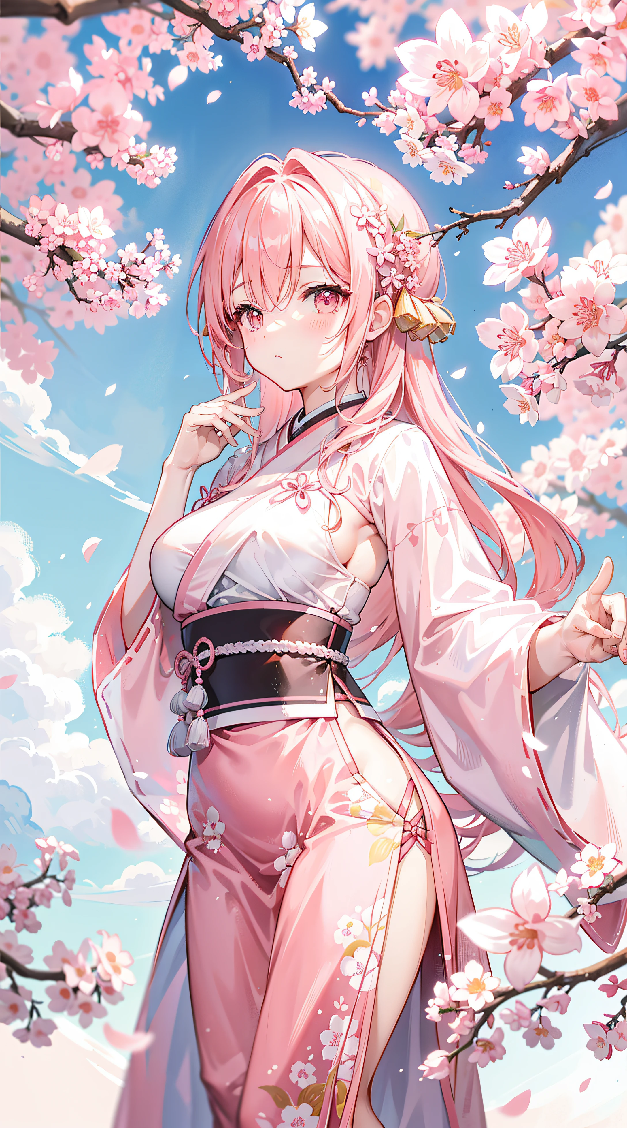 Peach blossom pink straight hair，Wearing light pink Hanfu，Holding cherry blossom branches in hand，the are In the background, Beautiful cherry blossom trees are scattered with cherry blossoms，She is a gentle person, Cute big breasts, Slim, Petite and sweet girl,The movements vary、The action is vivid