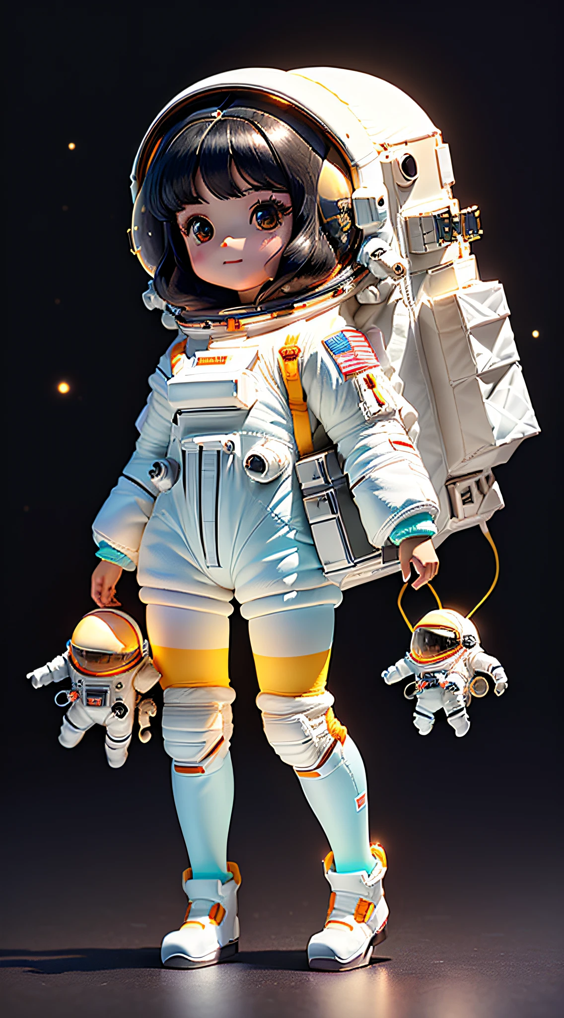 Super cute girl full body 3D picture,1pc,The eyes are good-looking,largeeyes,Cute big breasts,having fun,c4d,Popular matte blind box,Black medium long hair,with a round face,Glowing bubbles,cropped legs,toys,solid color backdrop,tchibi,Fluorescence transmittance,luminous body, kawaii,dolls,(((The astronaut,space suit))),reference sheet,Pop Mart blind box,Made by Pixar,Complicated details,3 Rendering,Blander,Overclocked renderer,FOL body reference sheet,dribbble,high detal,8K,Studio lighting,change,small,Gamine,Chibi , SD character:1.1,Magic space silo background