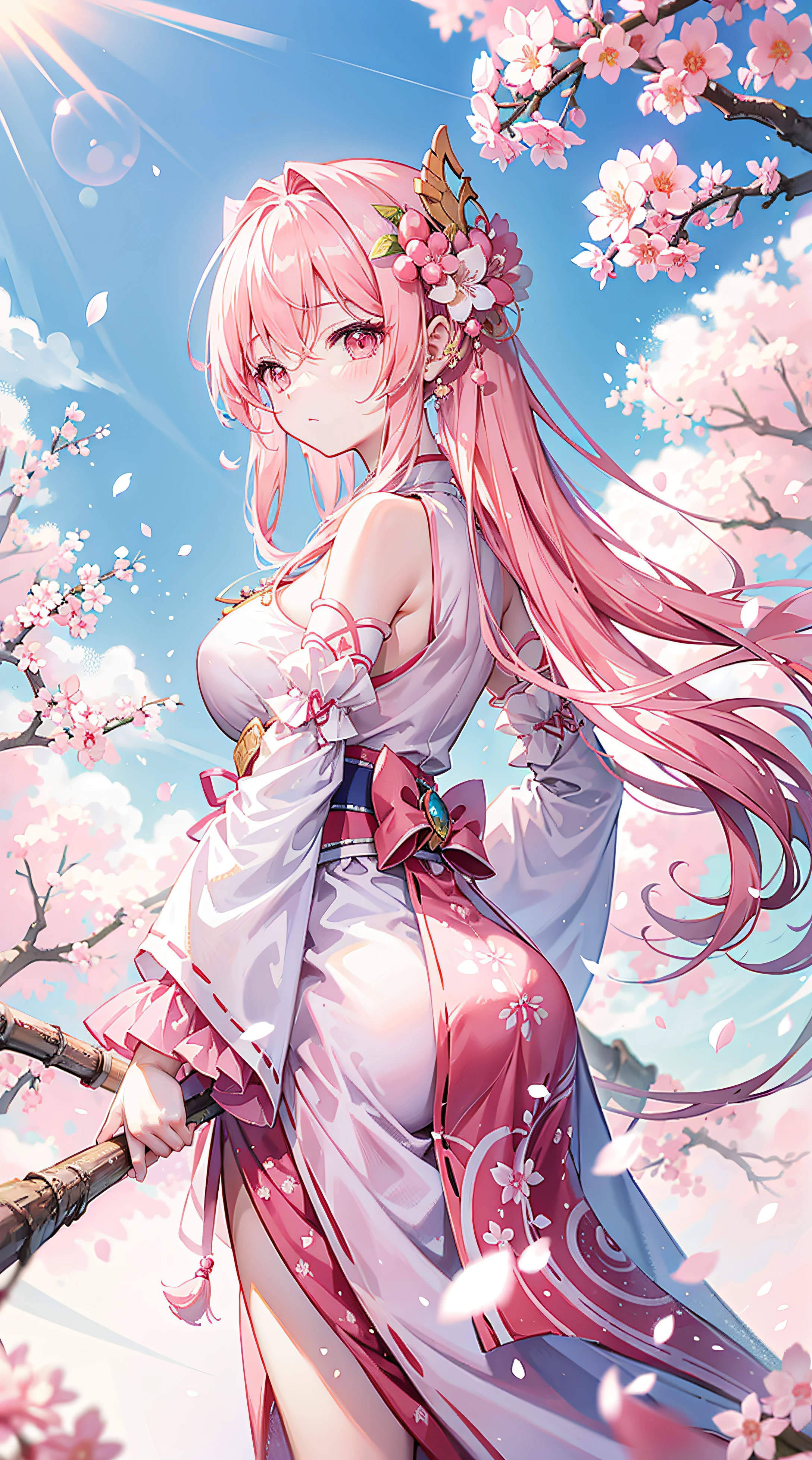 Peach blossom pink straight hair,Wearing light pink Hanfu,Holding cherry blossom branches in hand,the are In the background, Beautiful cherry blossom trees are scattered with cherry blossoms,She is a gentle person, Cute big breasts, Slim, Petite and sweet girl,The movements vary、The action is vivid