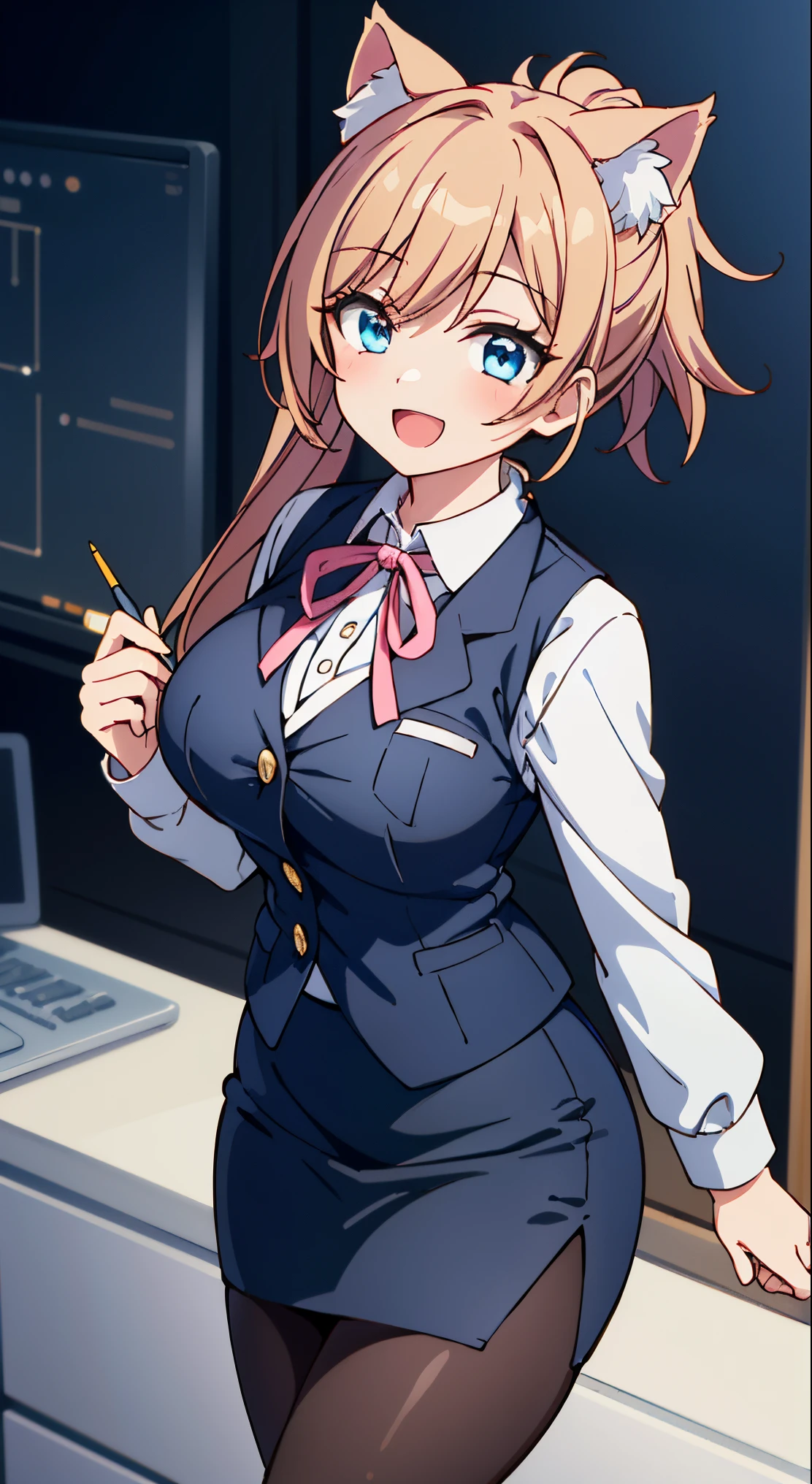 (masutepiece, Best Quality, Perfect Anatomy, High quality:1.4), absurderes, absolutely resolution, unbelievable Ridiculous, hight resolution, ultra-detailliert, Official art, Unity 8k壁纸, Kinetic typography,nice hand, Perfect hands, Detailed beautiful hands, Large_filesize, fulcolor, hight resolution, symmetric, exceptional, Best aesthetic, newest, Anime, very beautiful detailed body,The hair,faces,The eye, BREAK, Methods of geometry,Careful explanatory anatomy, BREAK, 1 beautiful girl, ( girl), Very detailed, colourfull, highest details, BREAK, (Huge breasts: 1. 2,), Clear skin, Beautiful skin, Shy skin, 1 beautiful girl, Brown hair, (Cat ears, Ponytail, medium-Long hair: 1. 2), (Light blue eyes, long eyelashes, Double eyelids: 1. 2),Solo,gleaming skin, Clear skin, Beautiful skin,(best quality face),(Top quality glowing eyes),(The best smile,:D:1.45),

BREAK,(white and gray theme:1.3), (wearing in [[white and gray check pattern]] Vest worn over white collared long-sleeved shirt:1.4), (gray vest with buttons:1.2),
BREAK (Pink Theme:1.2), (pink ribbon bow:1.3),
BREAK (Black theme:1.4), (Tight black pencil skirt:1.5), (pantyhose:1.3), (high-heels:1.1),


BREAK ,(Office, desk work, whiteboard, sofa, buildings from window,Makuhoku Computer,
(upward looking gaze :1.2) ,
Looking Up ,
From  above ,depth of fields,

 BREAK,wakame,wakame,wakame,(Cowboy Shot:1.4), 

BREAK,(Blurry background:1.3),(absurderes, hight resolution, Super Detail Art),cel shading,Clear Color, Lonely optical effect, Beautiful pictures, Bright glow, mystic atmosphere,(Close-up of girl:1.1), Mystical light particle effect,manga influence, clean line drawings,