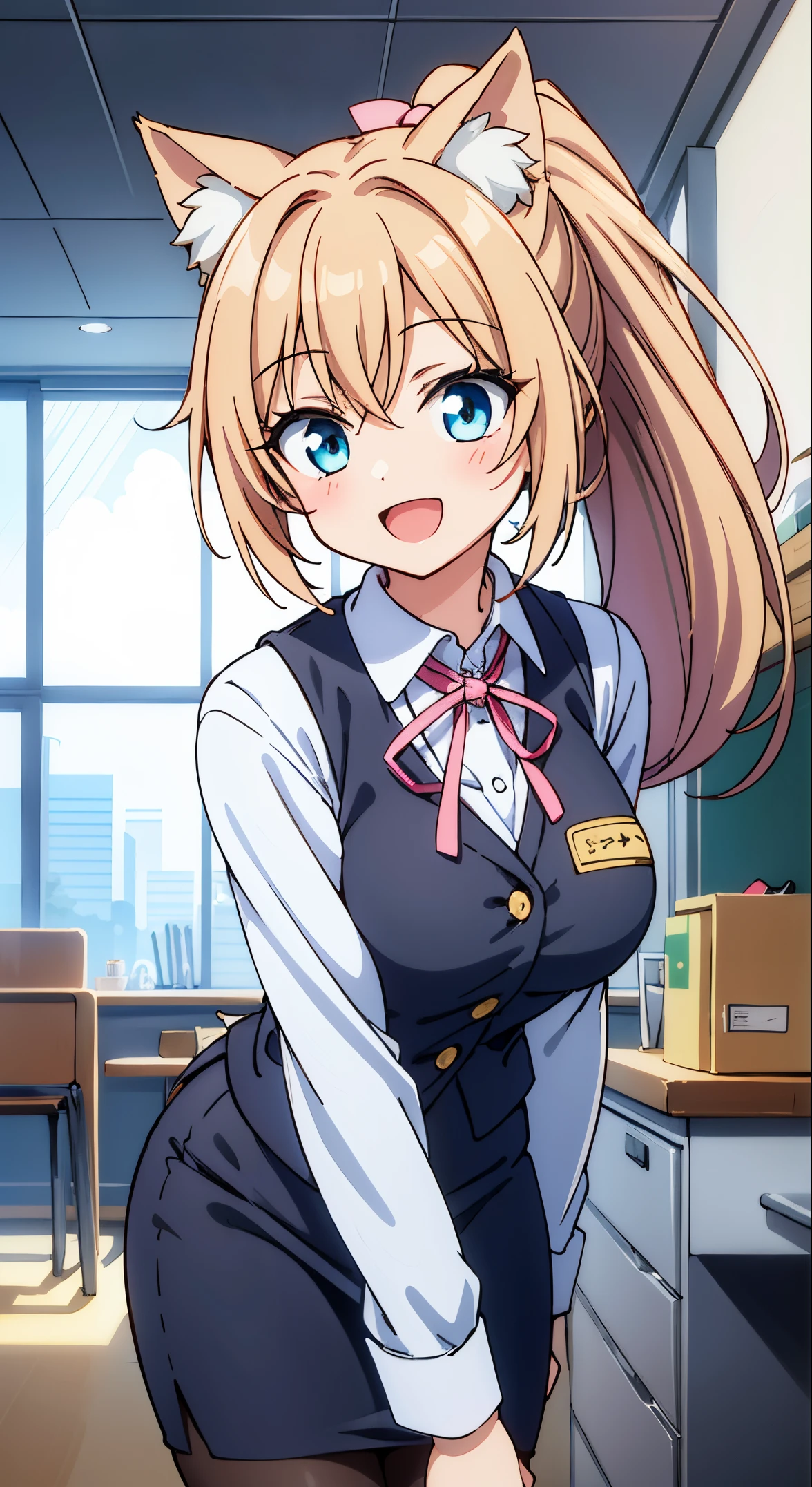 (masutepiece, Best Quality, Perfect Anatomy, High quality:1.4), absurderes, absolutely resolution, unbelievable Ridiculous, hight resolution, ultra-detailliert, Official art, Unity 8k壁纸, Kinetic typography,nice hand, Perfect hands, Detailed beautiful hands, Large_filesize, fulcolor, hight resolution, symmetric, exceptional, Best aesthetic, newest, Anime, very beautiful detailed body,The hair,faces,The eye, BREAK, Methods of geometry,Careful explanatory anatomy, BREAK, 1 beautiful girl, (17 years old girl), Very detailed, colourfull, highest details, BREAK, (Huge breasts: 1. 2,), Clear skin, Beautiful skin, Shy skin, 1 beautiful girl, Brown hair, (Cat ears, Ponytail, medium-Long hair: 1. 2), (Light blue eyes, long eyelashes, Double eyelids: 1. 2),Solo,gleaming skin, Clear skin, Beautiful skin,(best quality face),(Top quality glowing eyes),(The best smile,:D:1.45),

BREAK,(white and gray theme:1.3), (wearing in [[white and gray check pattern]] Vest worn over white collared long-sleeved shirt:1.4), (gray vest with buttons:1.2),
BREAK (Pink Theme:1.2), (pink ribbon bow:1.3),
BREAK (Black theme:1.4), (Tight black pencil skirt:1.5), (pantyhose:1.3), (high-heels:1.1),


BREAK ,(Office, desk work, whiteboard, sofa, buildings from window,Makuhoku Computer,
(upward looking gaze :1.2) ,
Looking Up ,
From  above ,depth of fields,

 BREAK,wakame,wakame,wakame,(Cowboy Shot:1.4), 

BREAK,(Blurry background:1.3),(absurderes, hight resolution, Super Detail Art),cel shading,Clear Color, Lonely optical effect, Beautiful pictures, Bright glow, mystic atmosphere,(Close-up of girl:1.1), Mystical light particle effect,manga influence, clean line drawings,