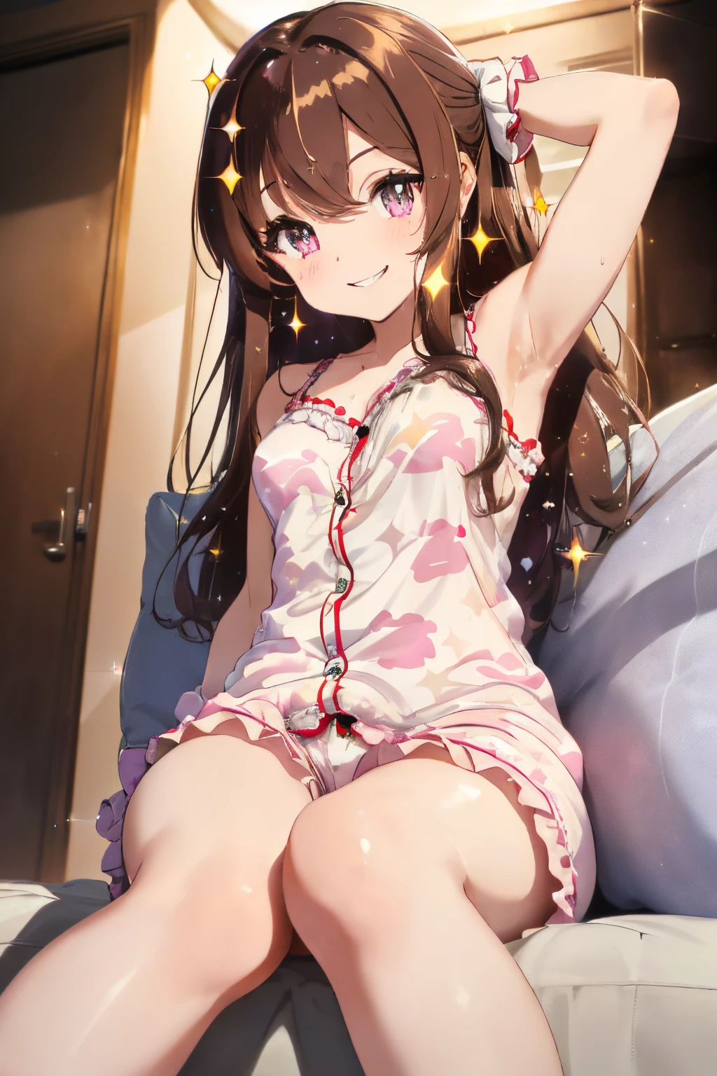 ((Brown hair)),((Curled Hair)),(medium-Long hair:1.25),(With black eyes),(sparkle in eyes:1.5),(Eye size:1.5),(With bangs),Slight red tide,(Pajama long sleeve cardigan clothes with lots of frills),(Hair band made of fluffy material),((All white, reddish,cream)),(Colorful, Cute pajamas with camouflage pattern),(Cute fluffy socks like a fairy tale),((Colorful and pop world view)),(((body shape is slender))),(Smiling smile),(close up of face)((Sleeveless Nightgown)),((Shorts made of soft and voluminous sweat material)),(room style),((Perspective from below)),(Sitting on the couch、Place a cushion under your armpits),