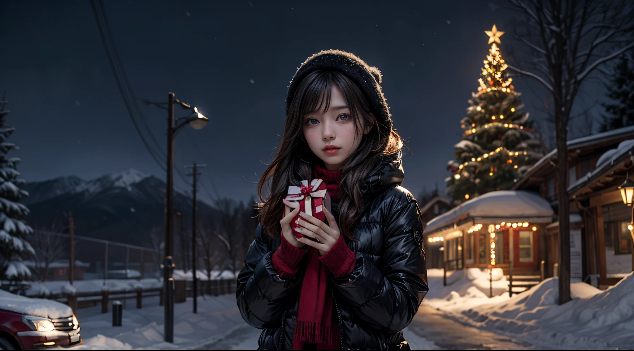 lonely beautiful girl, gift in hands, outside, snow background, chirstmas theme
