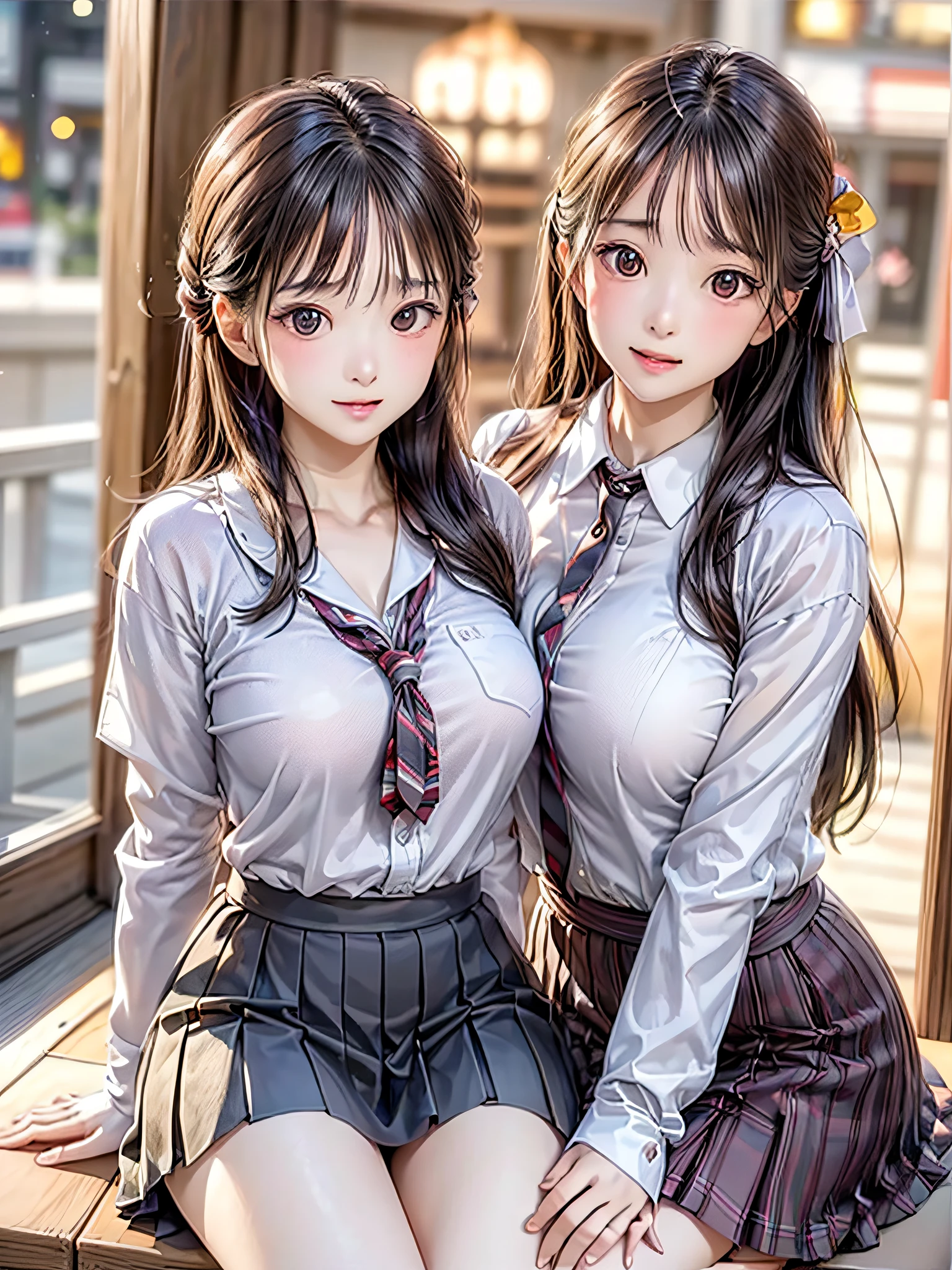 (2girls:1.4), Extremely cute, amazing face and eyes beautiful nice smile), (extremely detailed beautiful face), bright and shiny lips, (School uniform, Pleated skirt:1.3), (Best Quality:1.4), (hyper quality), (Ultra-detailed), (Hyper-realistic, Photorealsitic:1.37), Authentic skin texture, intricate-detail, extremely detailed CG unified 8k wallpaper, RAW Photos, professional photograpy, Cinematic lighting, Exposing, Christmas tree, Christmas Ornaments, Christmas Decorations, Christmas Lights, Christmas Lights,