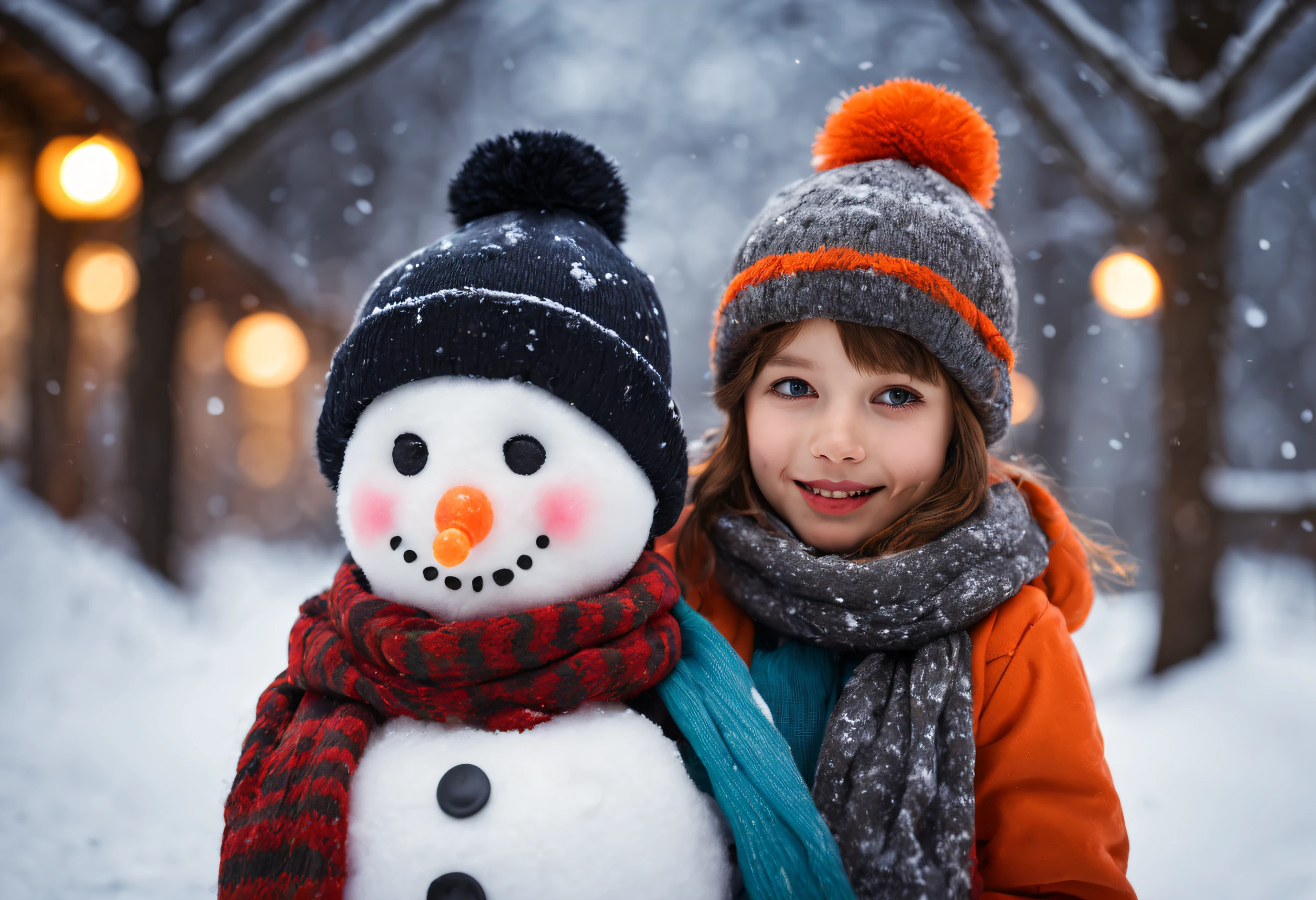 a boy, a girl, creating a snowman, beautiful detailed eyes, beautiful detailed lips, detailed face, long eyelashes, snow-covered landscape, winter clothes, joyful expression, carrot nose, coal eyes, twig arms, hat and scarf, vibrant colors, soft lighting