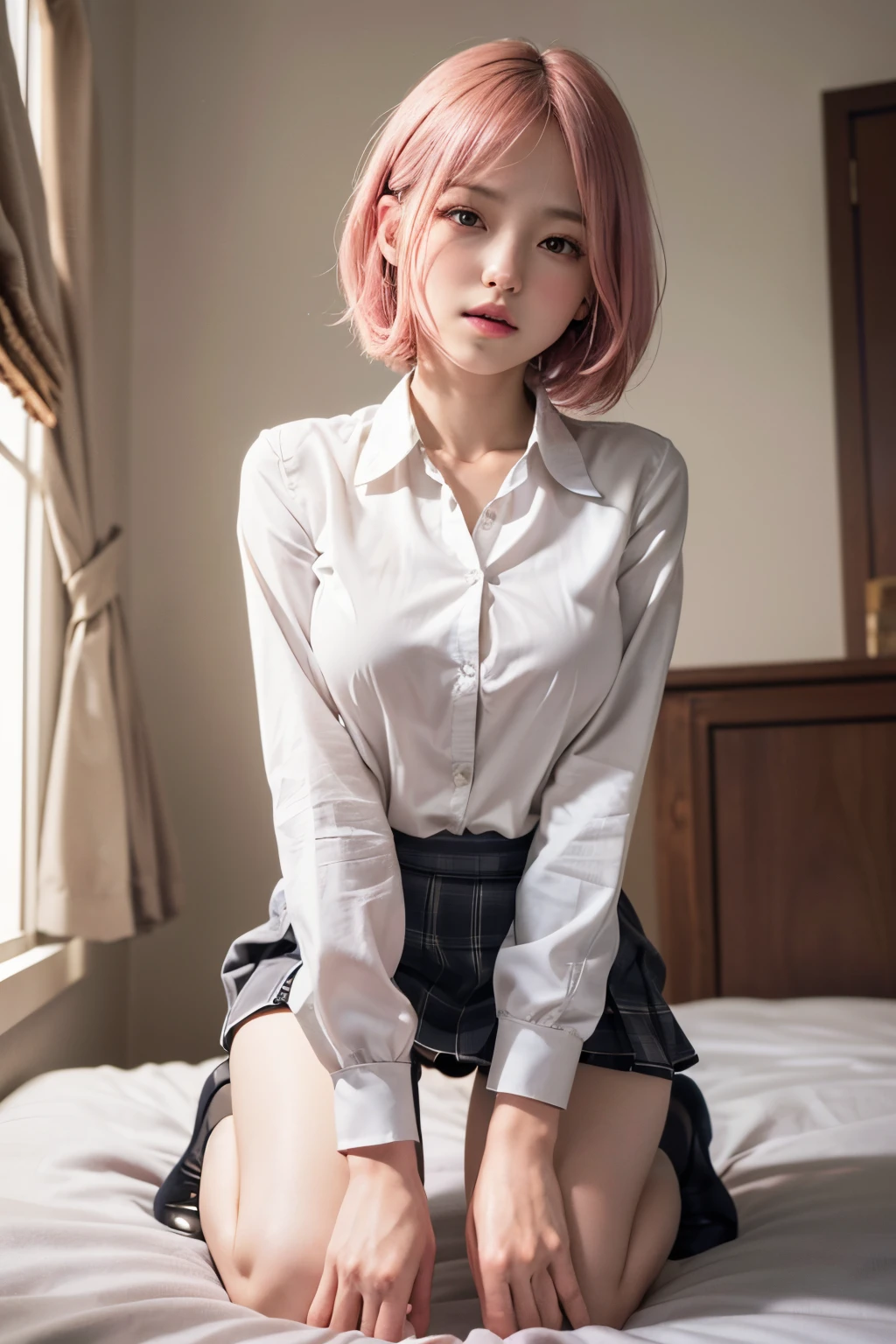 (8K, top-quality, masterpiece:1,2), (reallistic, Phot is orealsitic:1.37), Super Detail, One girl,), (Highly detailed), (beautifully detailed eyes), (of the highest quality), (super detailed ), (masterpiece), (Detailed face),20yr old, ,1 girl, full body, pink hair,Very short hair, medium breasts, clothed, Perfect Lighting,pussy and breast focus, looking at viewer, aroused face, naughty face, JK school uniform,short skirt,Kneeling,Beds,,white stockings