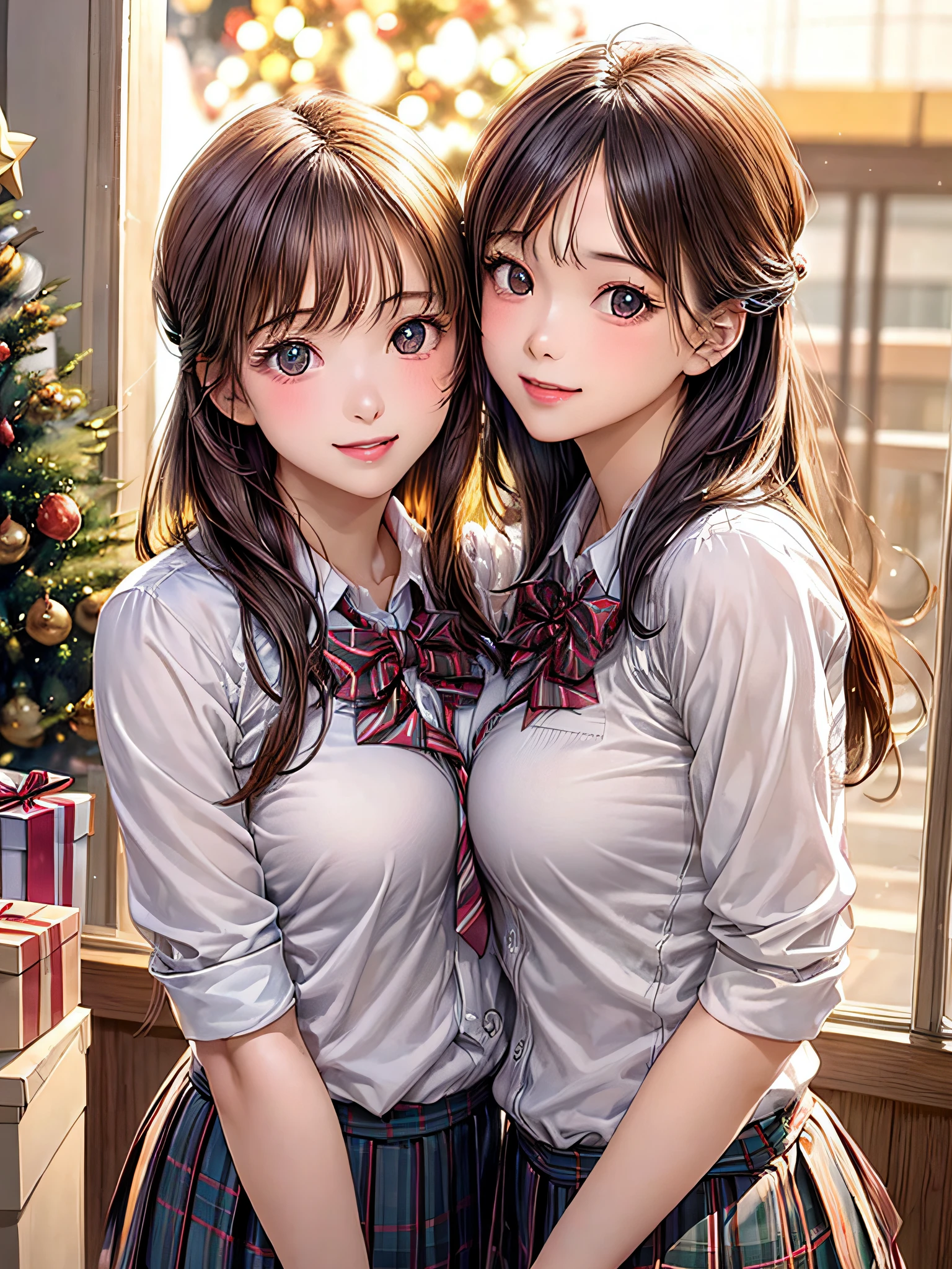 (2girls:1.4), Extremely cute, amazing face and eyes beautiful nice smile), (extremely detailed beautiful face), bright and shiny lips, (School uniform, Pleated skirt:1.3), (Best Quality:1.4), (hyper quality), (Ultra-detailed), (Hyper-realistic, Photorealsitic:1.37), Authentic skin texture, intricate-detail, extremely detailed CG unified 8k wallpaper, RAW Photos, professional photograpy, Cinematic lighting, Exposing, Christmas tree, Christmas Ornaments, Christmas Decorations, Christmas Lights, Christmas Lights,
