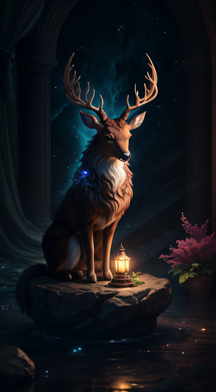 Generate celestially cute non-human animals in a celestial fantasy style。The animal should be based on a deer。Consider loft and feathers、silk dress、satin、a slight light、Details such as shimmer。Includes subtle details in iridescent colors。Small details that emphasize fantasy and gorgeous jewelry。:Utilize interesting and dynamic compositions。Enhance visual interest。illuminated:Use ambient lighting to enhance the fantasy atmosphere。Includes bold colors and darker tones。employment, A detailed eye, Hire exquisite eyes, Hiring details, Rich cleavage, Complicated details, 8K, slight light, Official CGI Unreal Engine, A high resolution, ((tmasterpiece))), high high quality, A high resolution, Detail Enhancement,Holy Beast