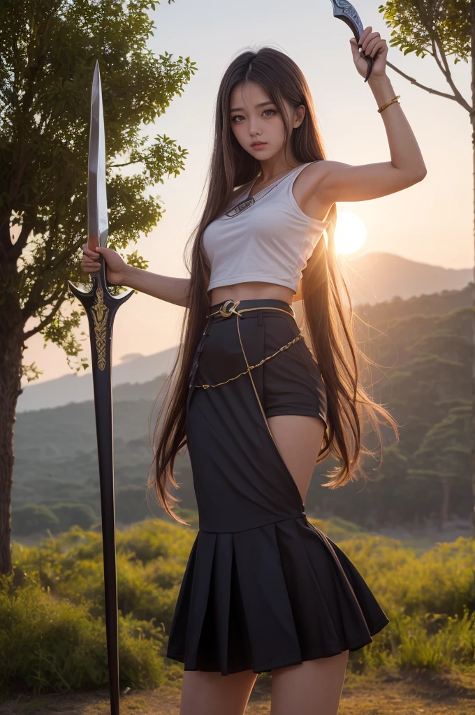 "((Epic)) photo composition, dramatic sunset, silhouette of a powerful ((girl)) wielding a ((gleaming)) sword, mystical altar against the golden hour sky, majestic tree,