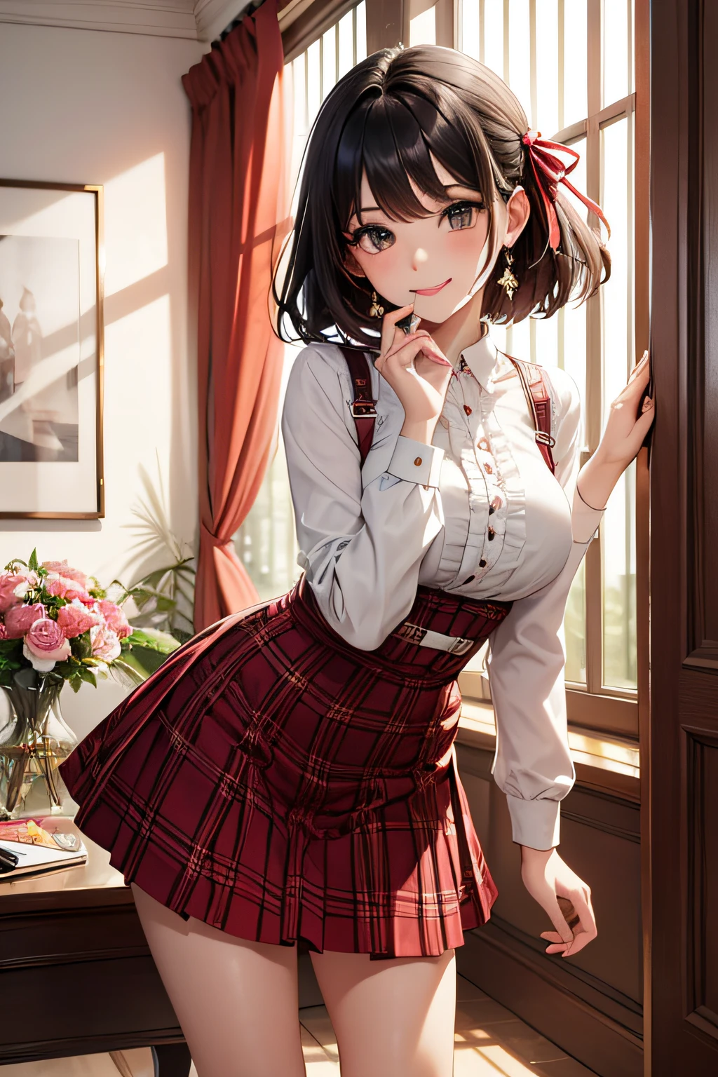 Very cute and beautiful girl,(very detailed beautiful face and eyes:1.2),(Smile),
(white blouse with small frills),Long sleeve BREAK detail leg,zettai ryouiki,Standing,stylish pose,
Dynamic Angle,Hair Ribbon,Black hair,hime-cut,(scarlet plaid miniskirt)
Rest Living Room,flowers in a vase,Wooden Desk,(bookshelf:0.9),Jewelry box,european carpet,Distant trees々,
(Best Quality,masutepiece:1.2),(Intricate details),Extremely detailed,hight resolution,Solo,Cinematic scene,Hair fluttering in the wind,