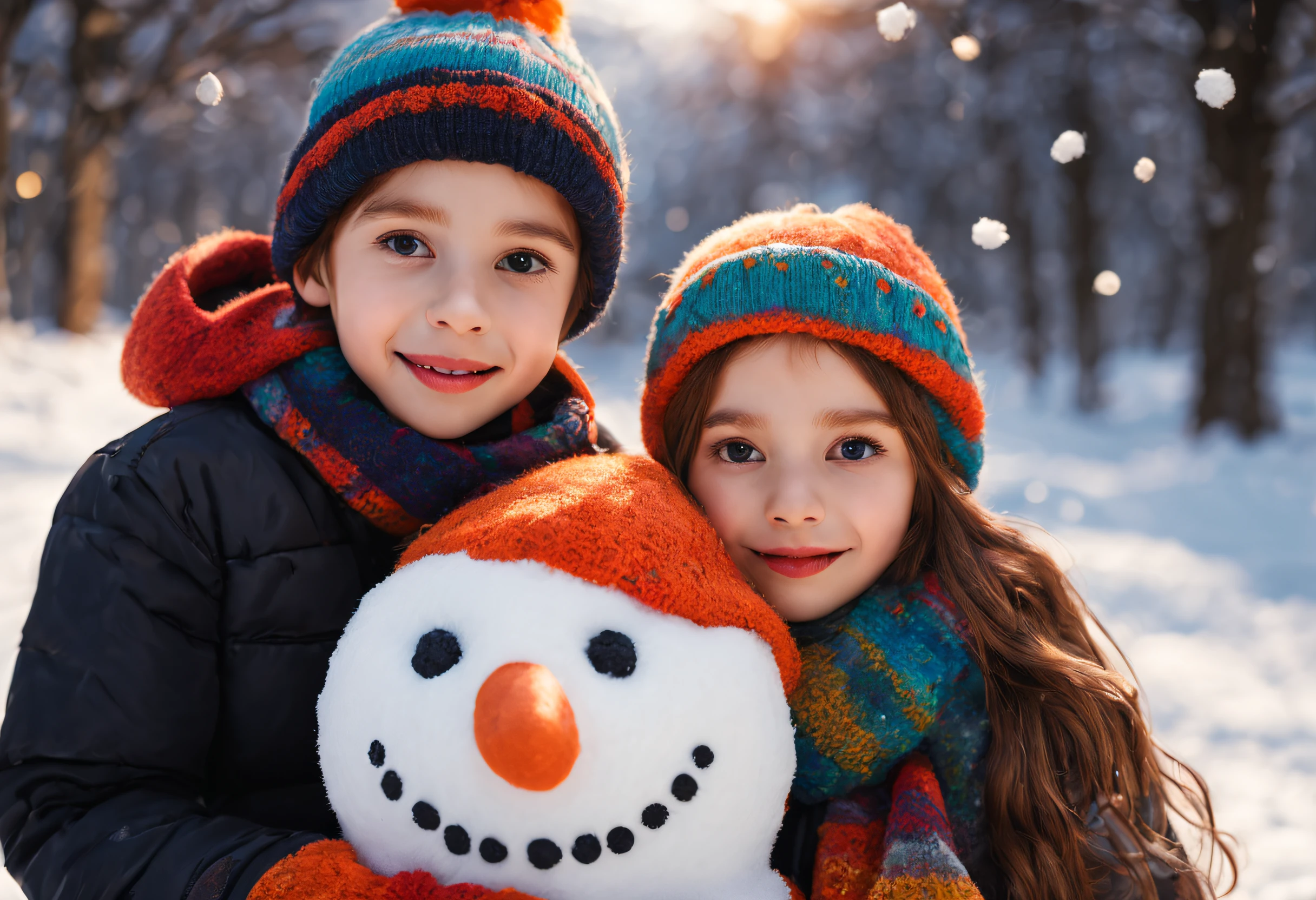 a boy, a girl, creating a snowman, beautiful detailed eyes, beautiful detailed lips, detailed face, long eyelashes, snow-covered landscape, winter clothes, joyful expression, carrot nose, coal eyes, twig arms, hat and scarf, vibrant colors, soft lighting