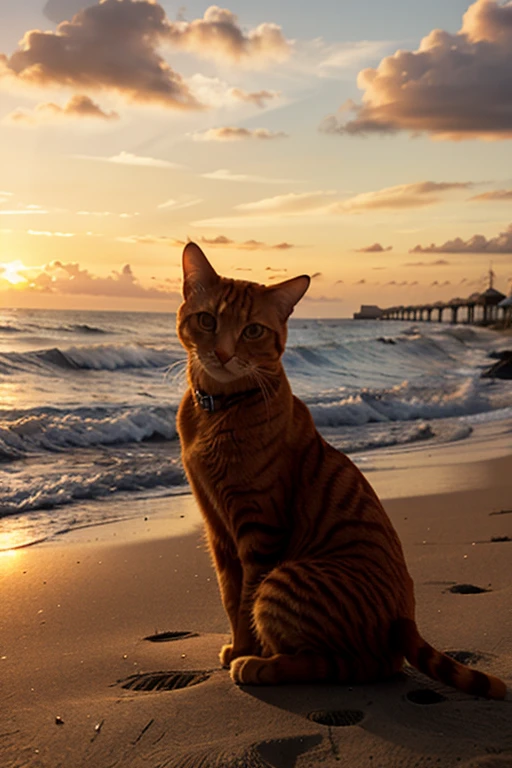 a orange cat in a beach sunset