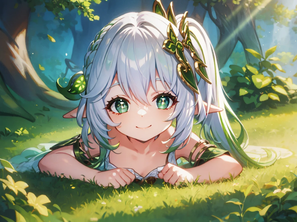 dress, 8 years old, lying down, clothing, outside, smiling, sunny, bright sunlight, grass, pointy ears, hair ornament, white hair, green hairstreak, side ponytail, masterpiece, best quality