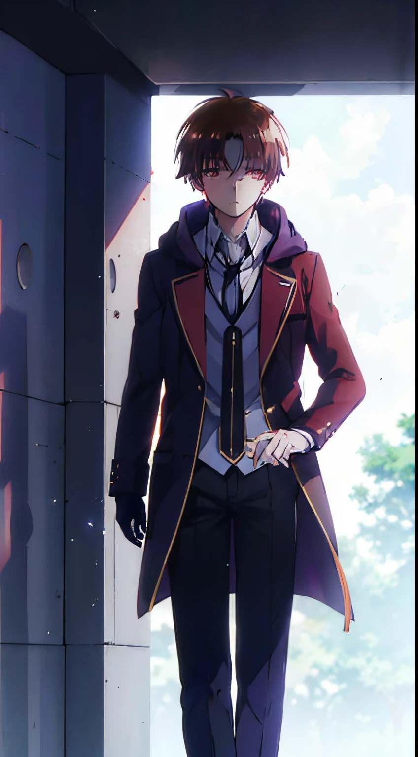 ayanokouji kiyotaka, 1boy, male focus, brown hair, pov, hooded cape black, black coat, trench coat, black gloves, black pants, red eyes, glowing eyes, looking at viewer, fiery purple,