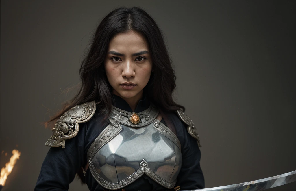 A fiercely determined samurai girl, her refined features stand out amidst her battle-worn appearance: stoic expression, piercing eyes reflecting unwavering focus, and armor bearing the marks of countless battles. The image, a powerful painting, portrays her in an intense combat stance, katana gleaming with a polished steel edge. Rich hues and masterful brushstrokes bring to life every intricate detail of her ornate armor and flowing robes, while the artist's skill captures the essence of her indomitable spirit. This extraordinary artwork displays an exquisite combination of strength and grace, showcasing the timeless allure of the samurai warrior.