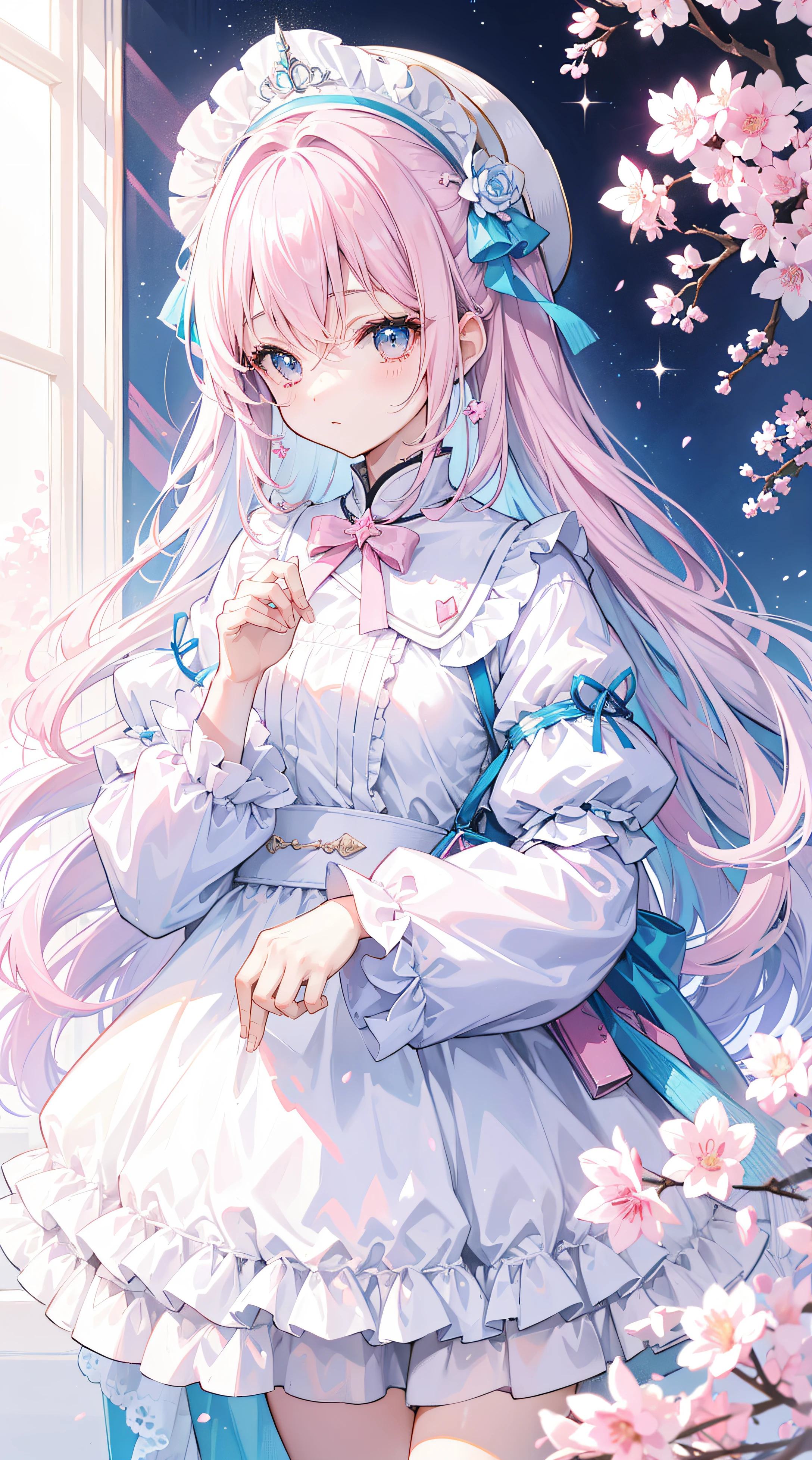 Long light pink and white hair,blue, White and pink clothes,She is a cute and lovely girl,Forward to senior sister,Looks very light and gentle