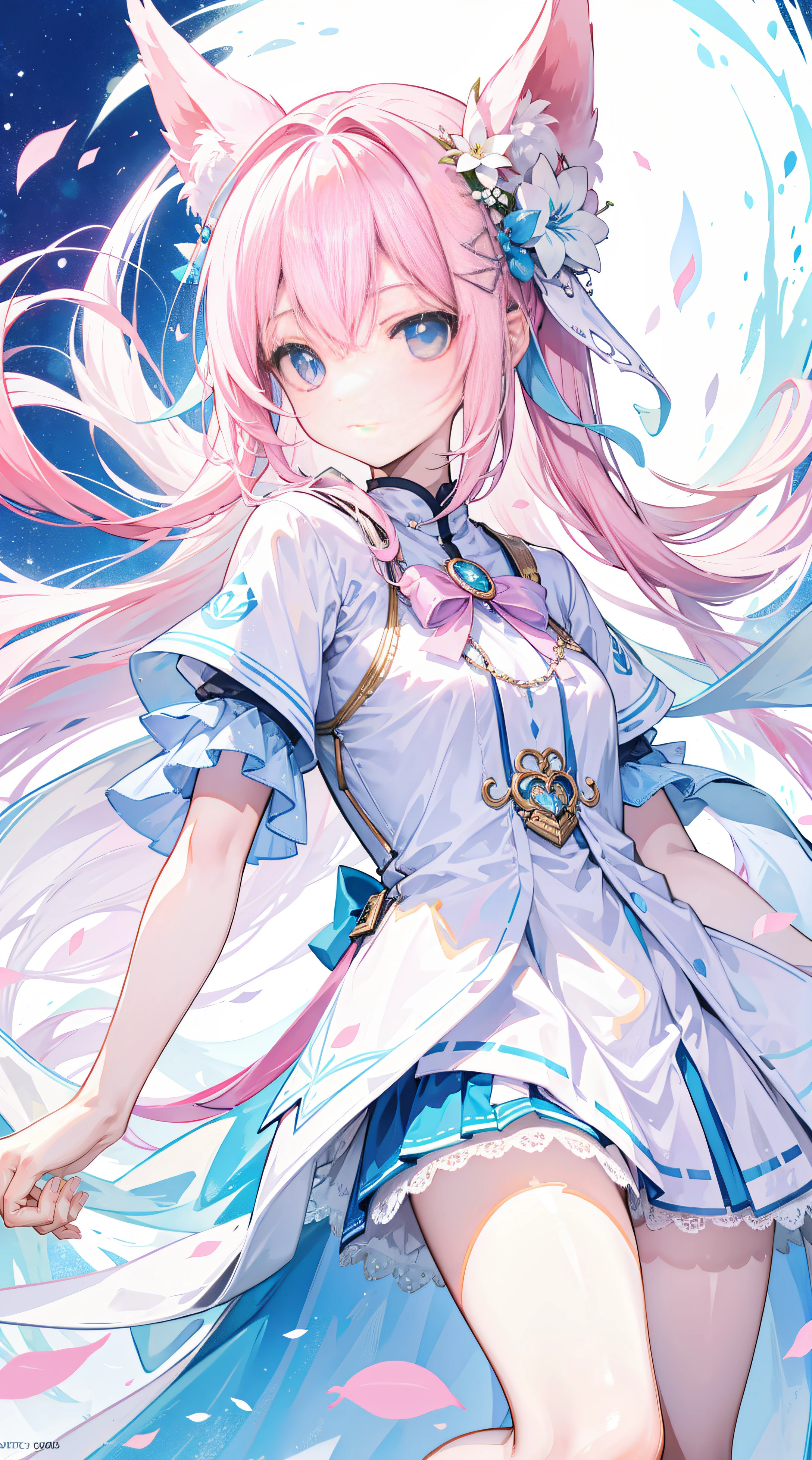 Long light pink and white hair,blue, White and pink clothes,She is a cute and lovely girl,Forward to senior sister,Looks very light and gentle,The movements vary、The action is vivid