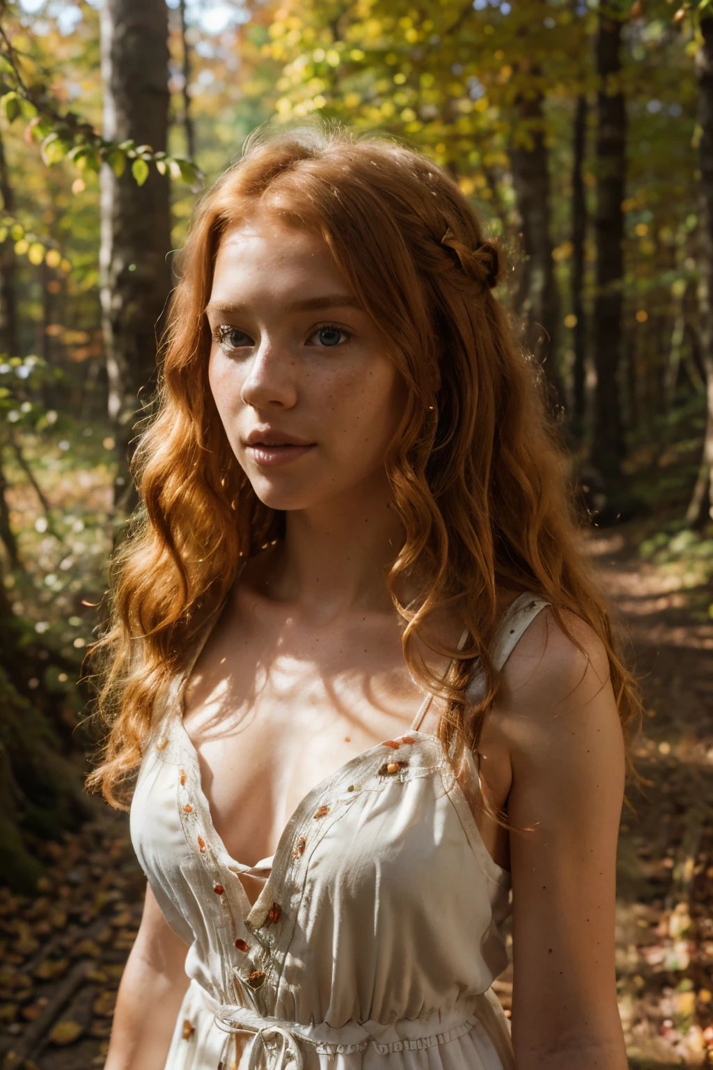 Bright, strawberry blonde-haired, with freckles. The sun, the autumn forest, fantastic beauty. Curls. wearing a boho summer dress Ultra-detailed dreamlike, photography  8K resolution image, translucent and ethereal.