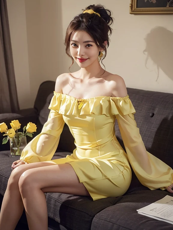 (she was wearing a long yellow party dress、yellow roses were blooming..。 ,Off-shoulder_Dress,:1.3),(side slits:1.1)masutepiece, Best Quality, Illustration, Ultra-detailed, finely detail, hight resolution, 8K Wallpaper, Perfect dynamic composition, Beautiful detailed eyes, Women's Fashion Summer,Ponytail hair,Small breasts natural color lip, Bold sexy poses,Smile,Harajuku、20 years girl、Cute、Sexy shot looking at camera, Big breasts about to burst :1.2、Boyleg、(Underwear shot while sitting with legs spread:1.2)、Show your toes，Fork the legs