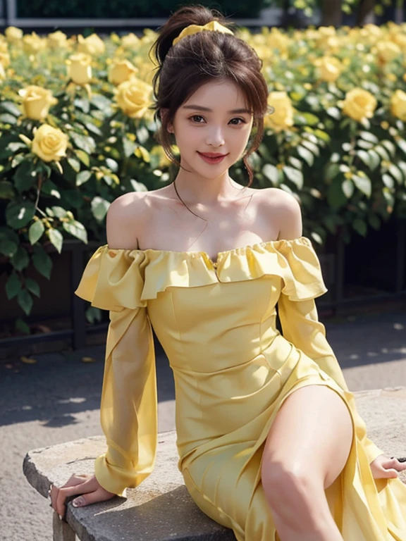 (she was wearing a long yellow party dress、yellow roses were blooming..。 ,Off-shoulder_Dress,:1.3),(side slits:1.1)masutepiece, Best Quality, Illustration, Ultra-detailed, finely detail, hight resolution, 8K Wallpaper, Perfect dynamic composition, Beautiful detailed eyes, Women's Fashion Summer,Ponytail hair,Small breasts natural color lip, Bold sexy poses,Smile,Harajuku、20 years girl、Cute、Sexy shot looking at camera, Big breasts about to burst :1.2、Boyleg、(Underwear shot while sitting with legs spread:1.2)、Show your toes,Fork the legs