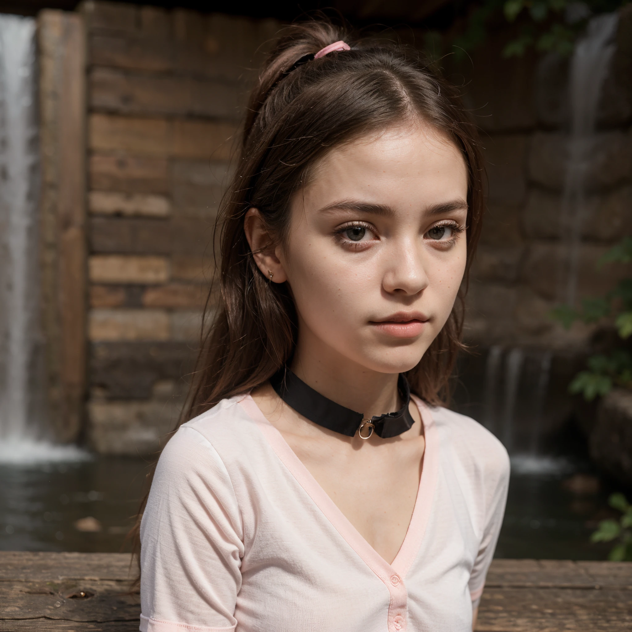 Beautiful petite little girl wear light pink sailor skirt with black collar
On a wood with  beautifull waterfall
Mysterious face
Beautiful face
Realistic