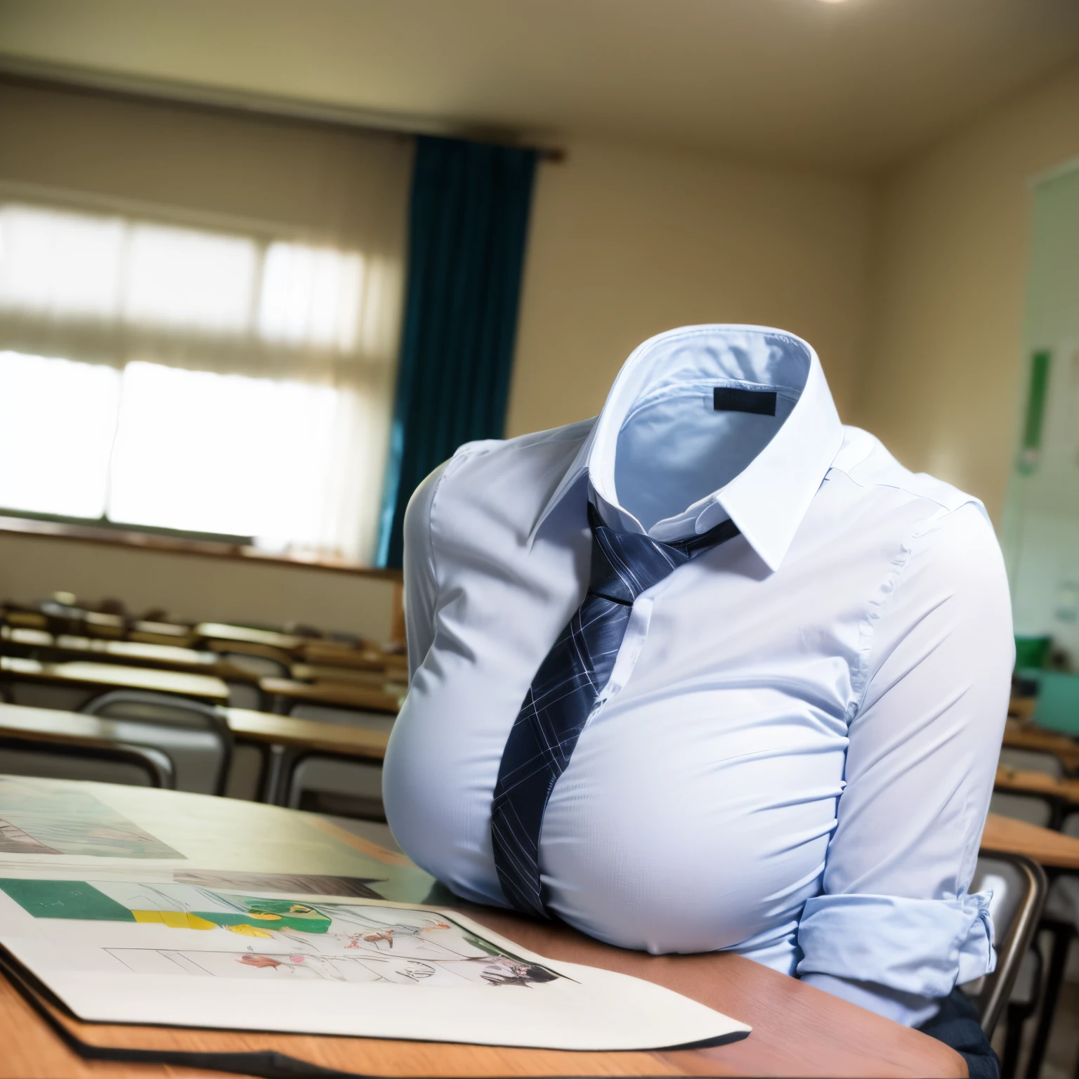 chubby, fat, white shirt, blue stripe tie, school tie, school uniform, __expression__, studying on desk, classroom, cute pose, (invisible, no humans, headless, faceless:1.5), very big breasts, (close-up shot of breasts), (8k, RAW photo, best quality, masterpiece:1.2), (realistic, photo-realistic:1.37), photon mapping, radiosity, ((Hasselblad photography)), physically-based rendering