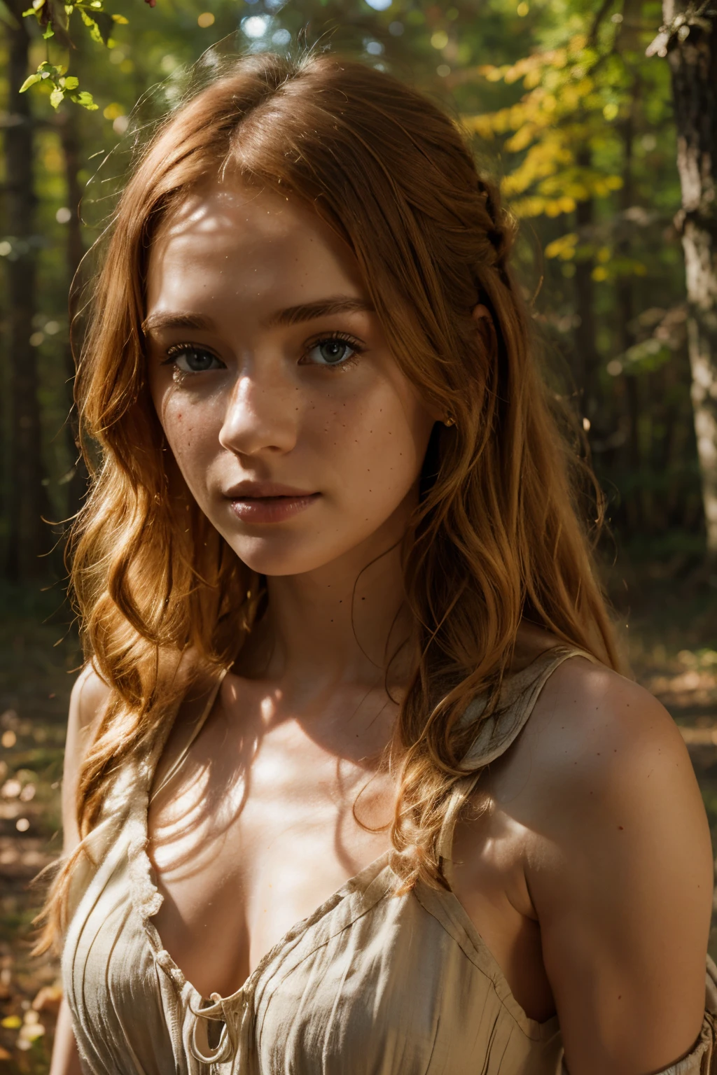 a ginger girl stranded on a deserted island after a shipwreck, extremely detailed portrait, beautiful detailed eyes, beautiful detailed lips, long eyelashes, gorgeous freckled skin, wet hair, seawater splashing, tropical palm trees, golden sunset sky, ocean waves crashing, photorealistic, 8k, masterpiece, vibrant colors, cinematic lighting, soft lighting, dreamy atmosphere, light pastel colors, delicate bokeh, david hamilton style, high quality, intricate details, cinematic lighting, film grain, muted tones, warm tones, gentle smile, long hair, natural beauty, graceful pose, serene expression, lush foliage, outdoor setting, peaceful, romantic, feminine