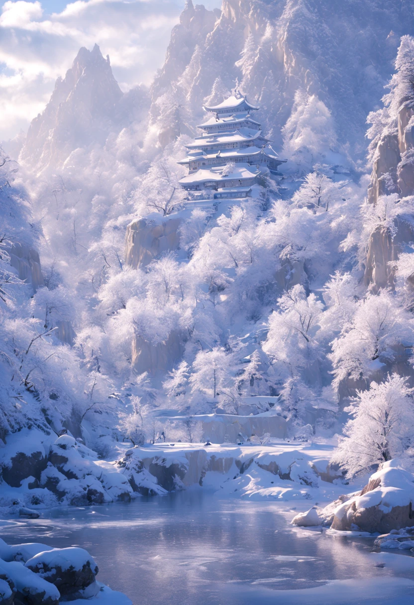 In a winter wonderland,We can see mountains and forests covered with snow,Shining with a silver-white light。The branches are covered with crystal clear hangings, It will sparkle with strange brilliance when exposed to light。Lakes and rivers are also covered in and snow,Wonderful patterns formed on the ,Makes you feel like you have entered a fairy tale world。 Hollywood science fiction movie scene,Epic reality, ultra real photo, ultra - detailed, tmasterpiece