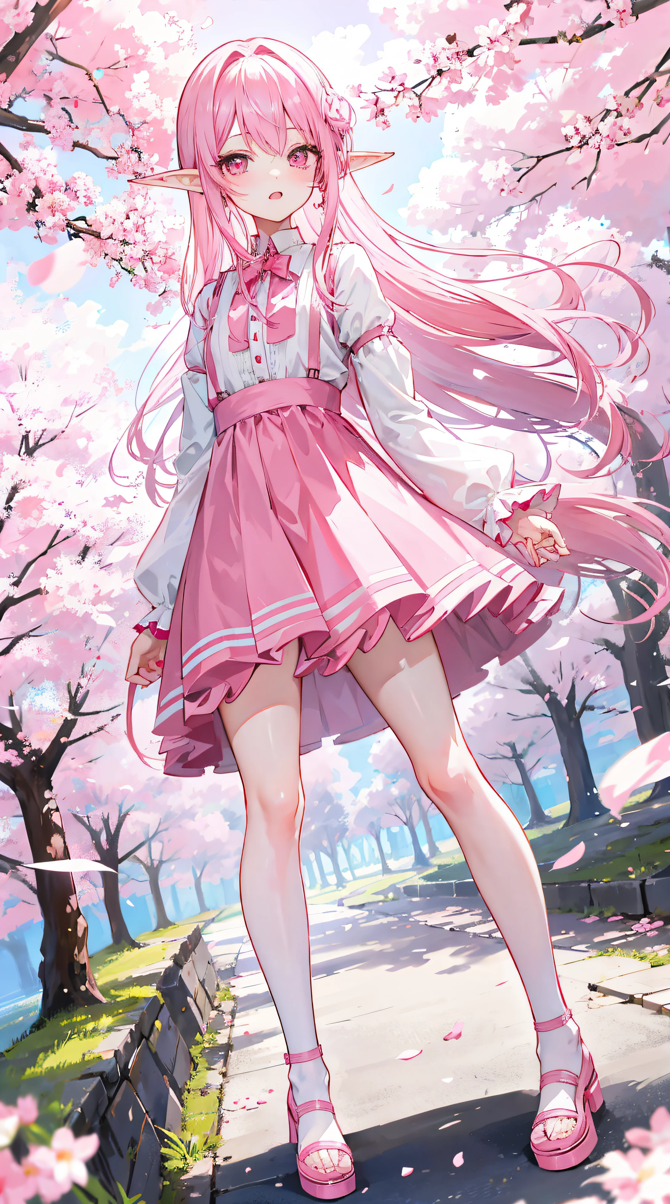 Pink 2D anime 2D pink hair, with pink hair, Long gray hair, a pink eyes, Perfect pink long dress, girl wearing pink stockings, Holy and pure, perfect little cutie, Sexy little figure, Anime white skin, pretty legs, Long gray hair, lean legs, tiny mouth。Pink stockings。pink clothes pink clothes。Pink earrings。Pink leg rings, Pink suspenders。Elf with long legs and short ears。Imperial sister,Bigchest。Long-legged stockings。cute big breasts, Charming and sexy in a place full of cherry blossom trees,Nothing can be missed