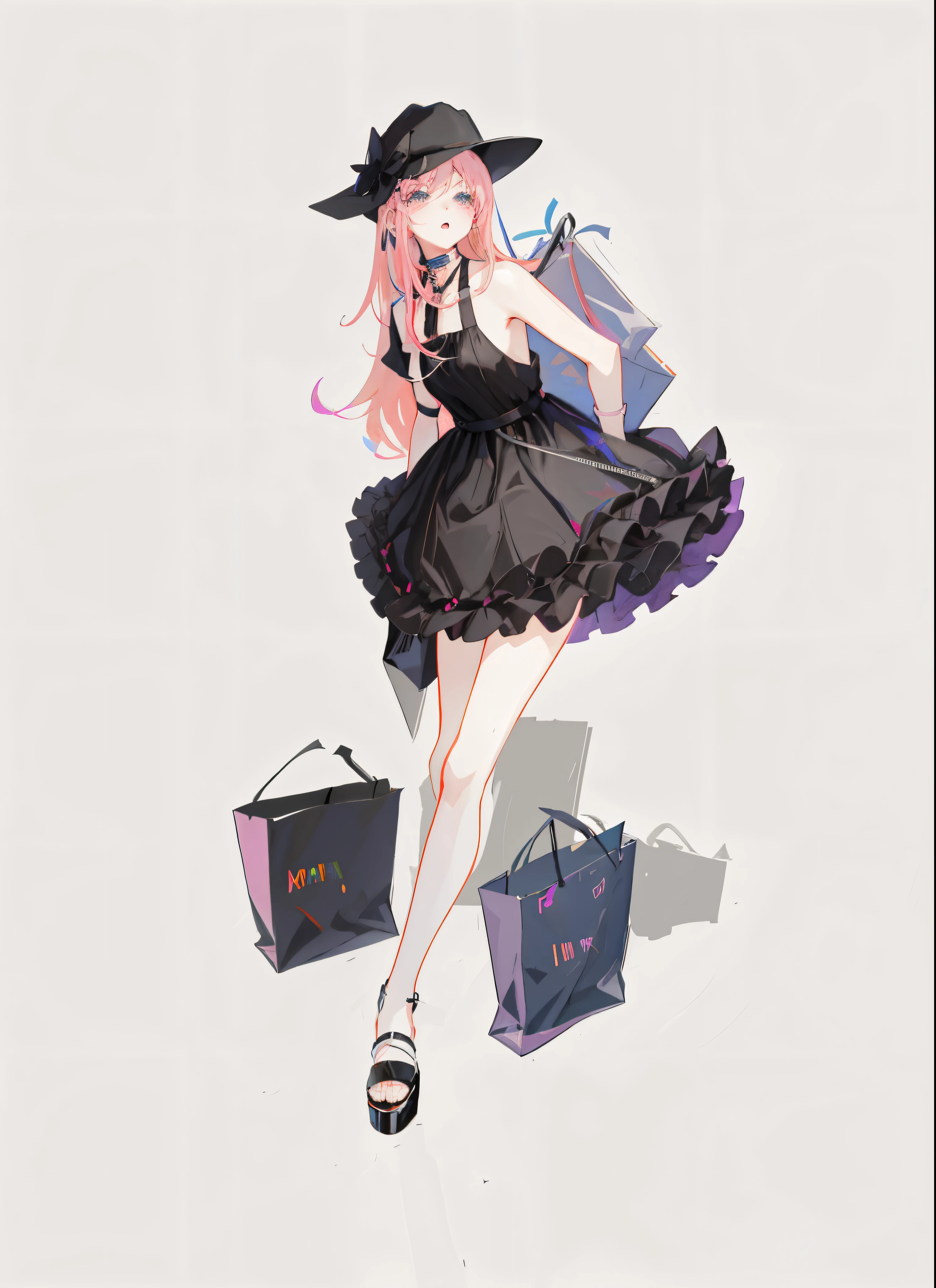 wearing a black dress、With a hat on、Anime girl holding shopping bags, Anime girl in black skirt, fashionable girl, high-heels. style of anime, loli in dress, high quality character design, Girl with pink hair, style anime, Cute anime waifu wearing nice clothes, Beautiful girl with long pink hair,beautiful beautiful girl,high quality character design