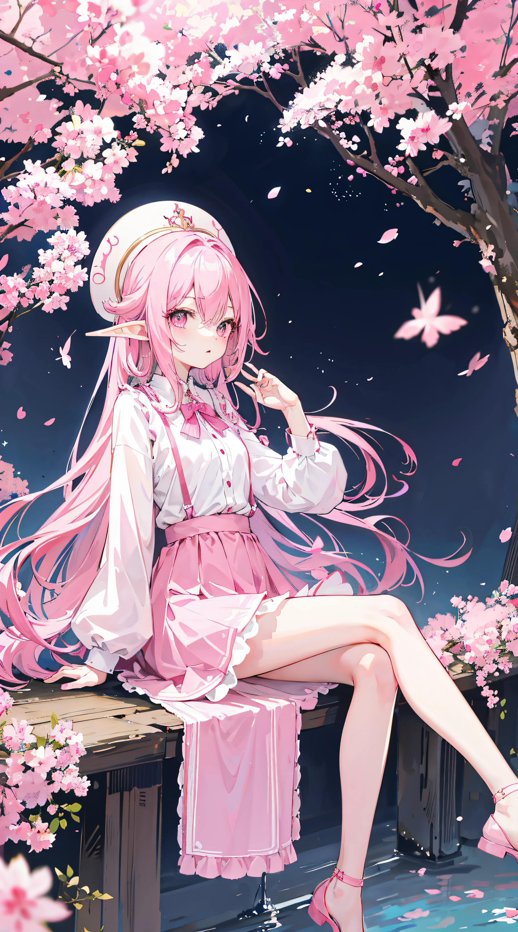 Pink 2D anime 2D pink hair, with pink hair, Long gray hair, a pink eyes, Perfect pink long dress, girl wearing pink stockings, Holy and pure, perfect little cutie, Sexy little figure, Anime white skin, pretty legs, Long gray hair, lean legs, tiny mouth。Pink stockings。pink clothes pink clothes。Pink earrings。Pink leg rings, Pink suspenders。Elf with long legs and short ears。Imperial sister,Bigchest。Long-legged stockings。cute big breasts, Charming and sexy in a place full of cherry blossom trees,Nothing can be missed