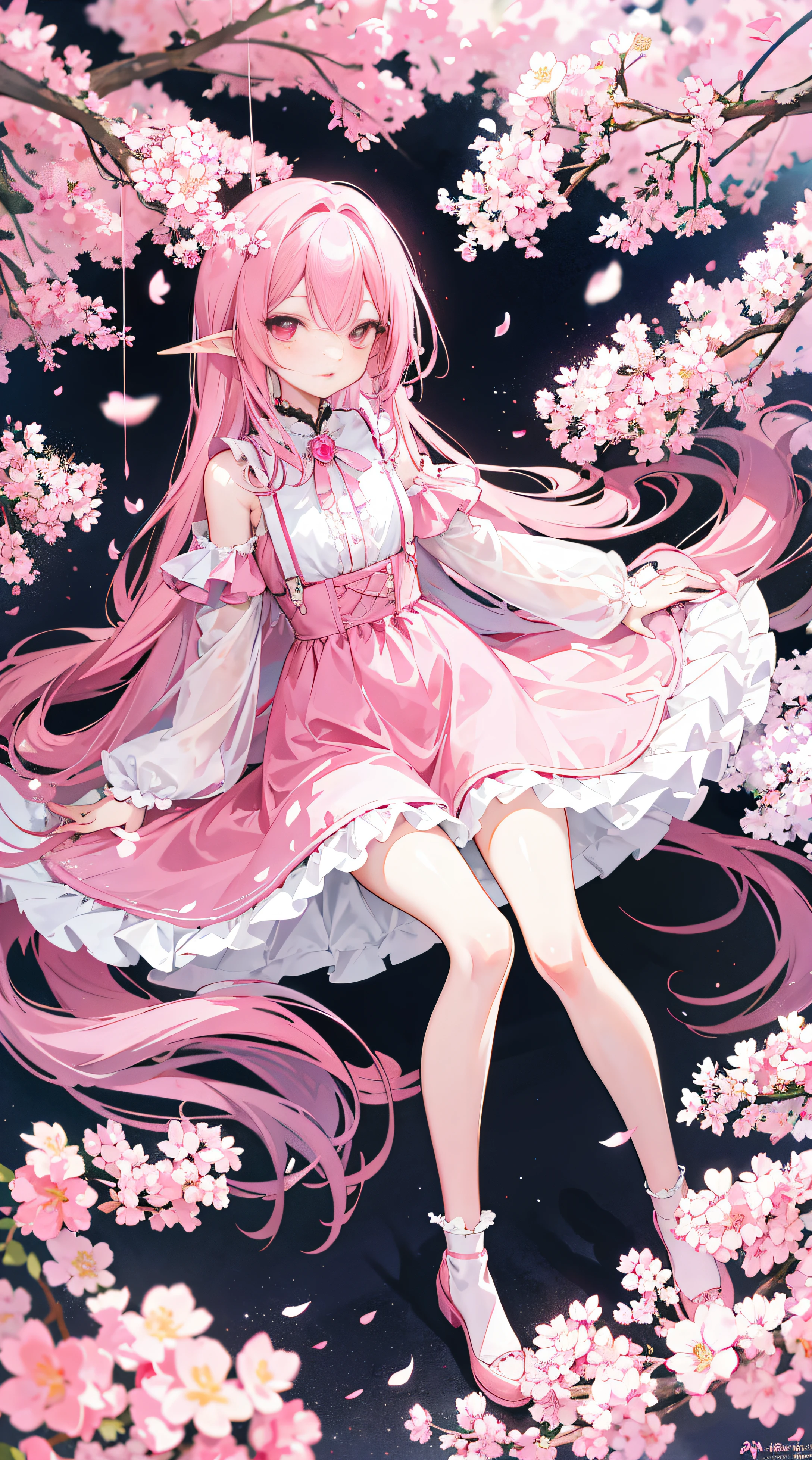 Pink 2D anime 2D pink hair, with pink hair, Long gray hair, a pink eyes, Perfect pink long dress, girl wearing pink stockings, Holy and pure, perfect little cutie, Sexy little figure, Anime white skin, pretty legs, Long gray hair, lean legs, tiny mouth。Pink stockings。pink clothes pink clothes。Pink earrings。Pink leg rings, Pink suspenders。Elf with long legs and short ears。Imperial sister,Bigchest。Long-legged stockings。cute big breasts, Charming and sexy in a place full of cherry blossom trees,Nothing can be missed