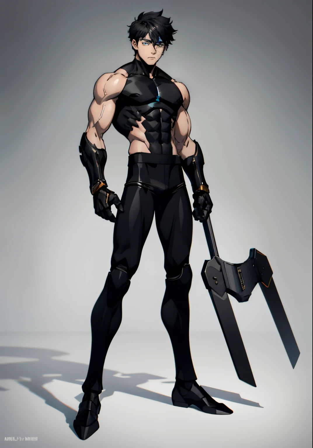 , His eyes are white, his arms are iron, his upper half is naked and his lower half is wearing black pants