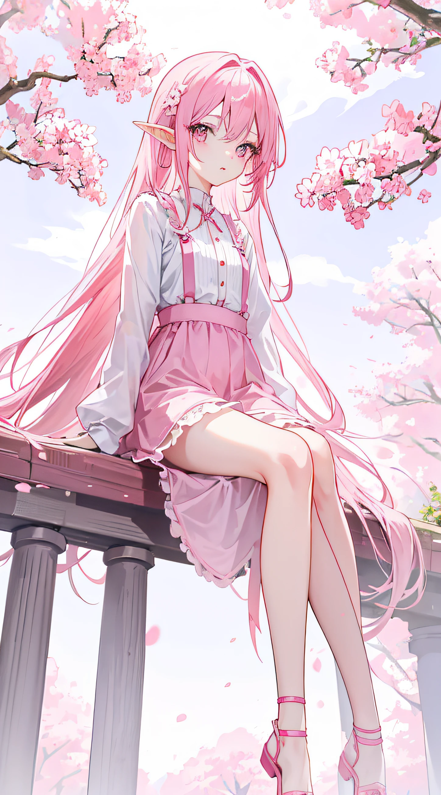 a girl,pink hair,blue_Eye,Chinese clothes,Chinese dress,,white pantyhose,mary_Janes,hairpin,Cross necklace,