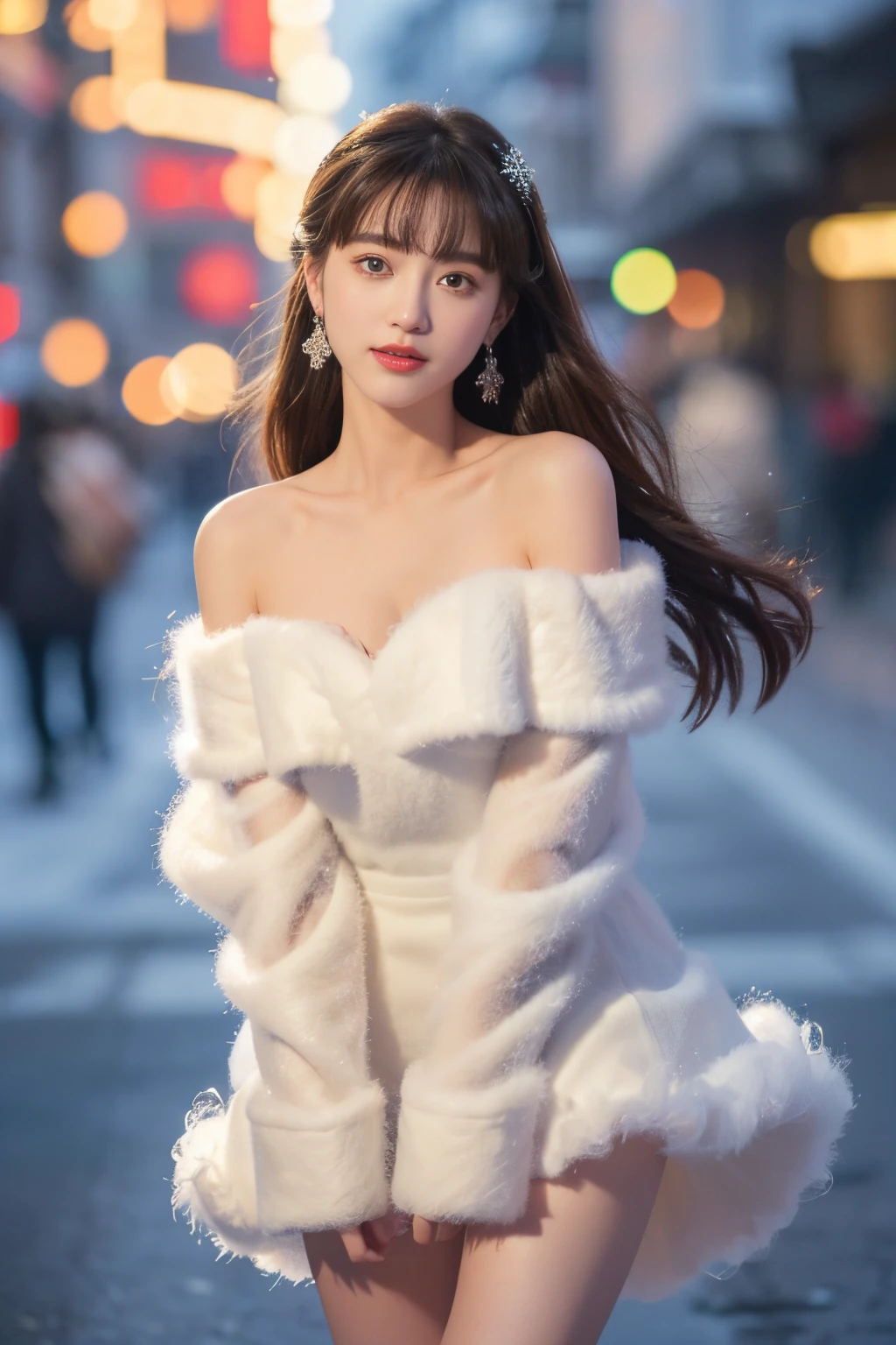8K,tmasterpiece、quality、ultra - detailed、Master workarilyn Takiocus located on thighs and above,Clear face,(Best quality at best), beuaty girl:1.5、((Red fluffy off-shoulder dress style)),long hair fluttering,Snowflake earrings、snowflakes falling、bblurry、the street,