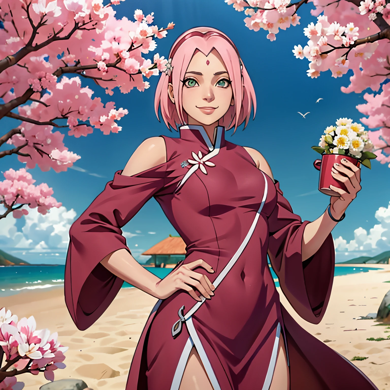 master part, Best quality at best, sakura haruno, seios grandes,is shy,sorrir,com cabelo rosa, long, whitish hair, (Globos oculares verdes:1.4), Forehead Protection, As cerejeiras,Flores de cerejeira voando, Olhando para o Viewer, Olhos bonitos, Sorriso sexy e sedutor, beleza, deusa, Marca na testa