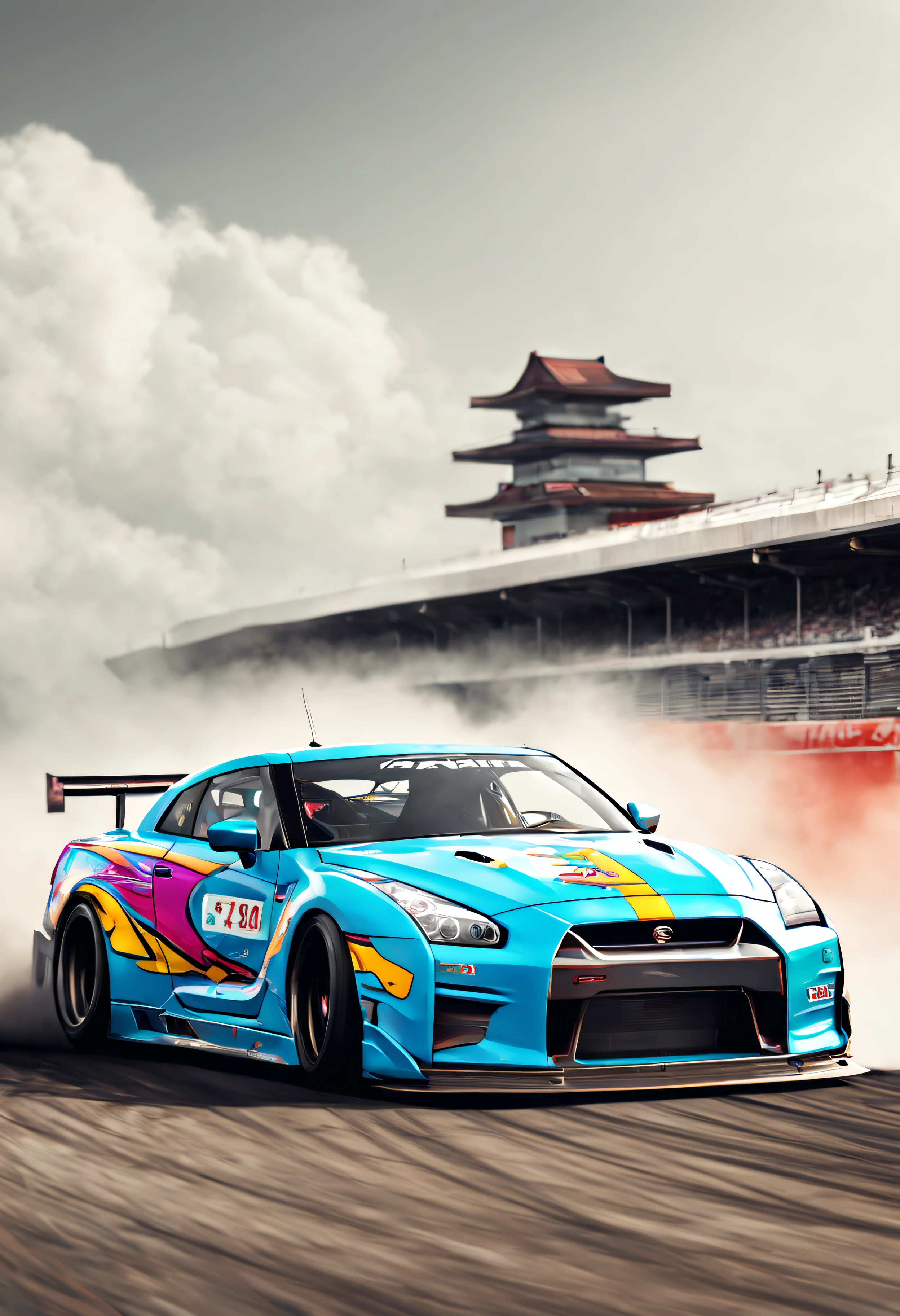 Nissan GTR-34 dérive sur la piste, style de dessin coloré