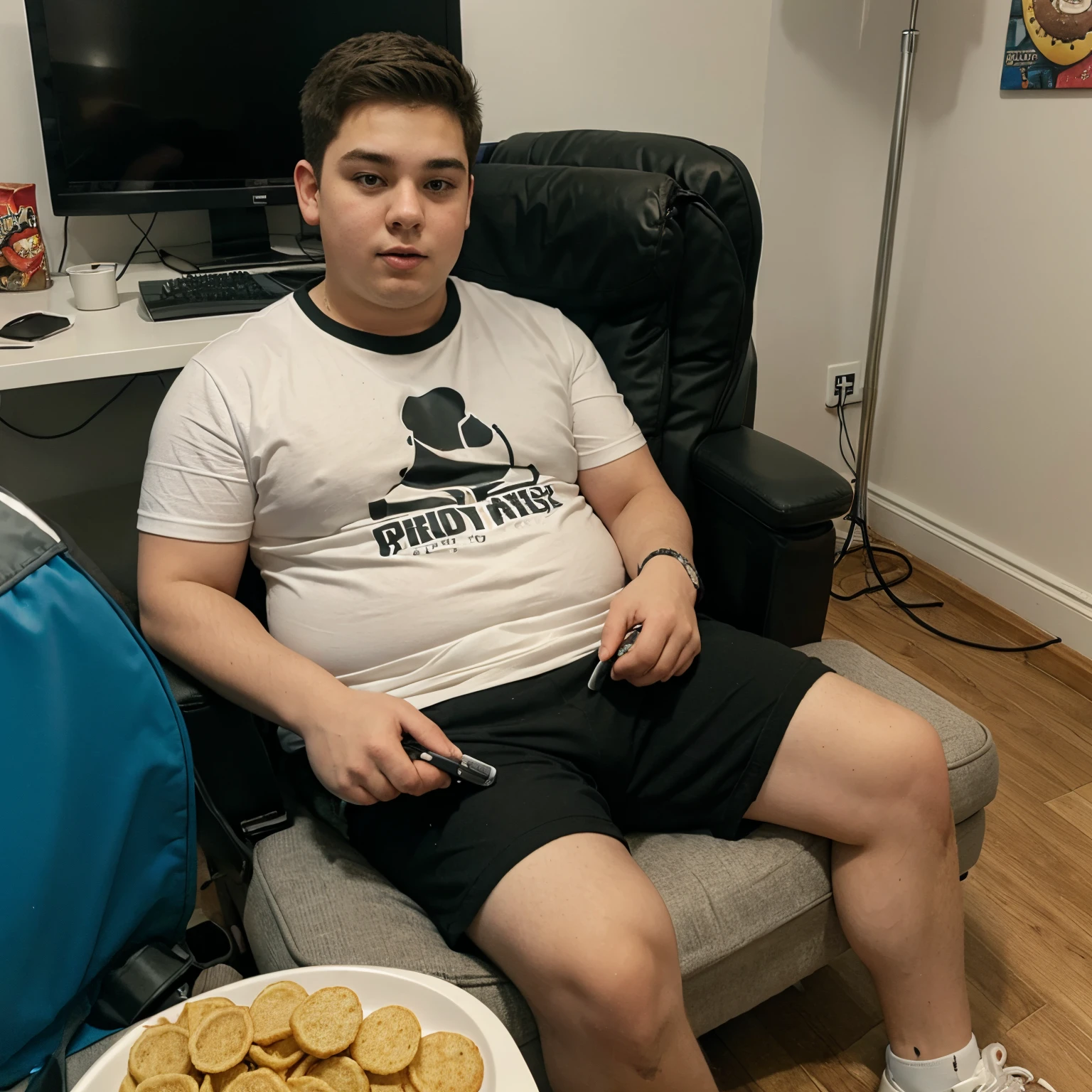 Fat man eating a very cheesy pizza while playing a video game. He has a chain that says “bank”