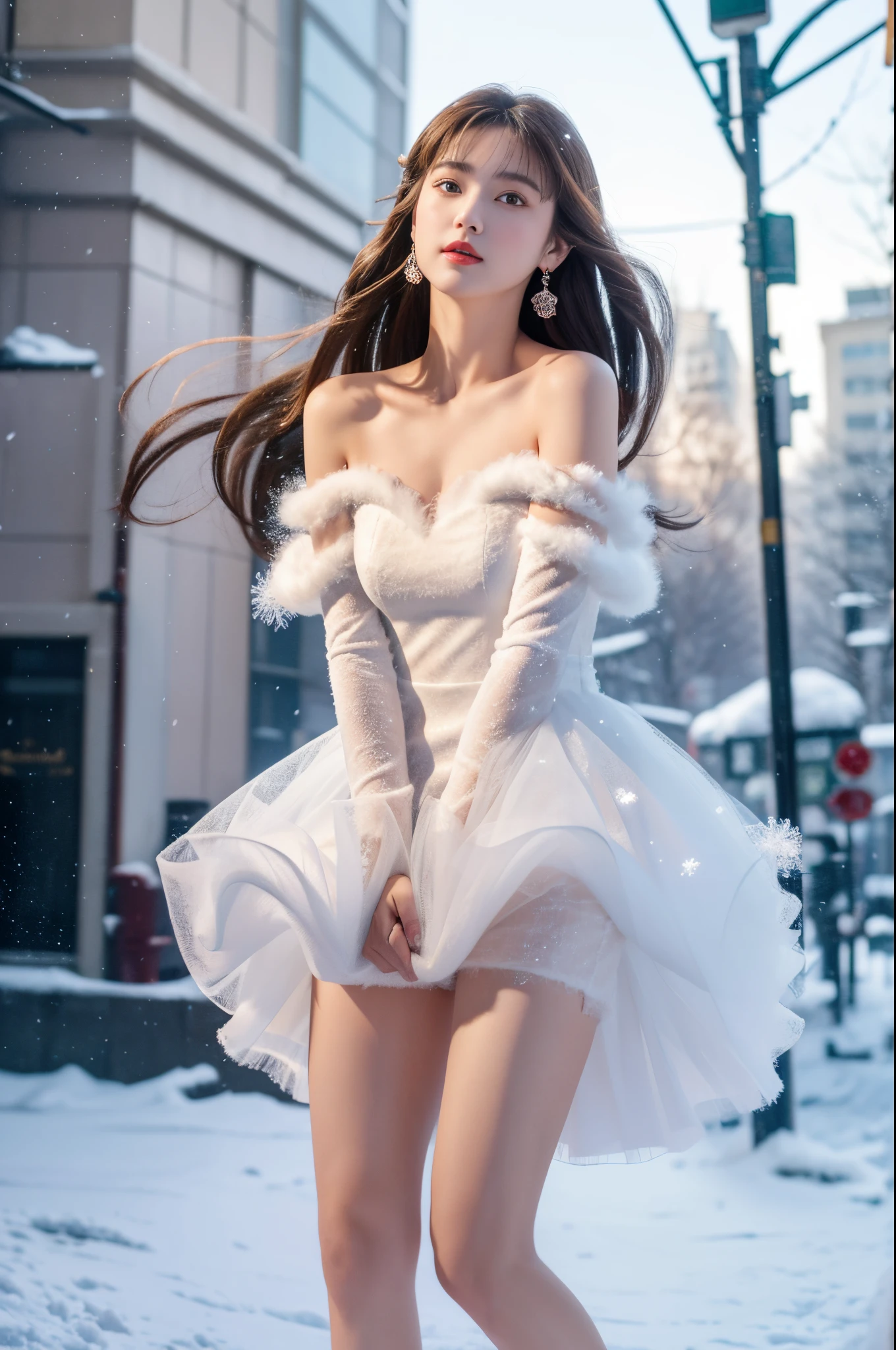 8k，tmasterpiece、quality、ultra - detailed、Master workarilyn Takiocus on the thighs and above，Clear face，（Best quality）， beuaty girl：1.5、((Red fluffy off-shoulder dress style))，long hair fluttering，Snowflake earrings、snowflakes falling、bblurry、the street，