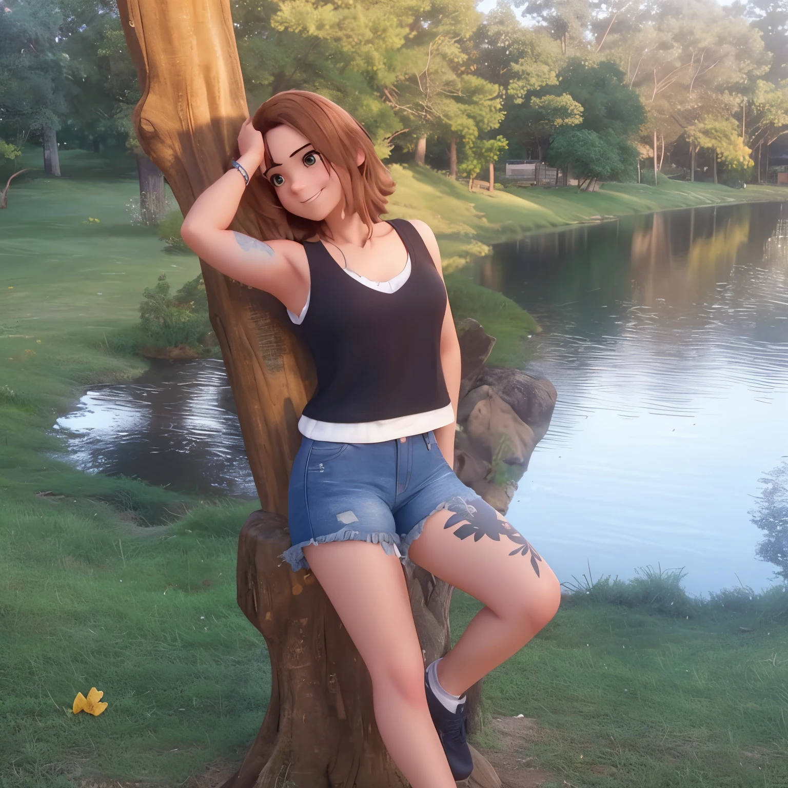 a beautiful woman, very well-defined face, smiling at the camera wearing short shorts and a low-cut tank top, short straight brown hair, tattoo on her thigh. High quality Disney Pixar style, Wojtek FUS, Ross Tran 8 K, CGSetalidade 8K, CGSetivity 8K, CGSetivity 8K, Estilo anime 3D realista, Artgerm e Atey Ghailan, Ilya Kuvshinov. 4 mil, cinematic cgsociety, cgsociedade inspirada