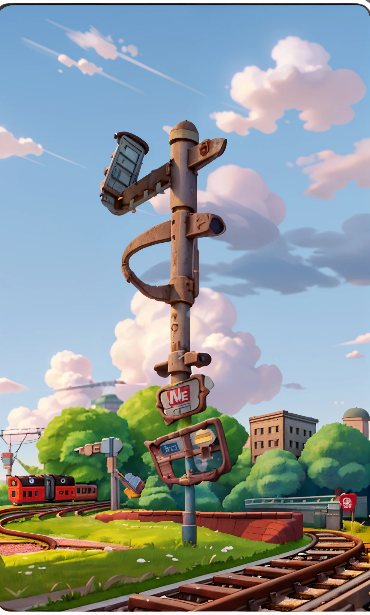 (Miniature cityscape), (Isometric:1), Cartoon style, (Sandbox game style), (White background), (superb detail), Train, Lighting, Clear sky, Outdoors, Landscapes, Clouds, Sky, Signs, Roads, Grass, Vending machines, Power poles, Road signs, Wires, (Railroad tracks: 1.5), Petrol station, Train, Service area, grass, 3D, 8k, HDR, high definition, film grain. Blue sky, white clouds, small trees, mailbox, stairs, clean background