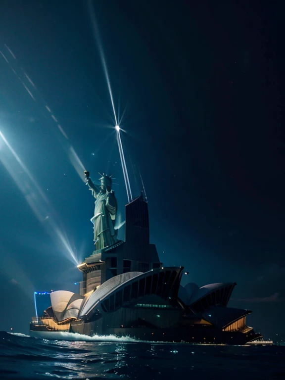 Lady Liberty's beam illuminates Sydney Opera House's underwater city