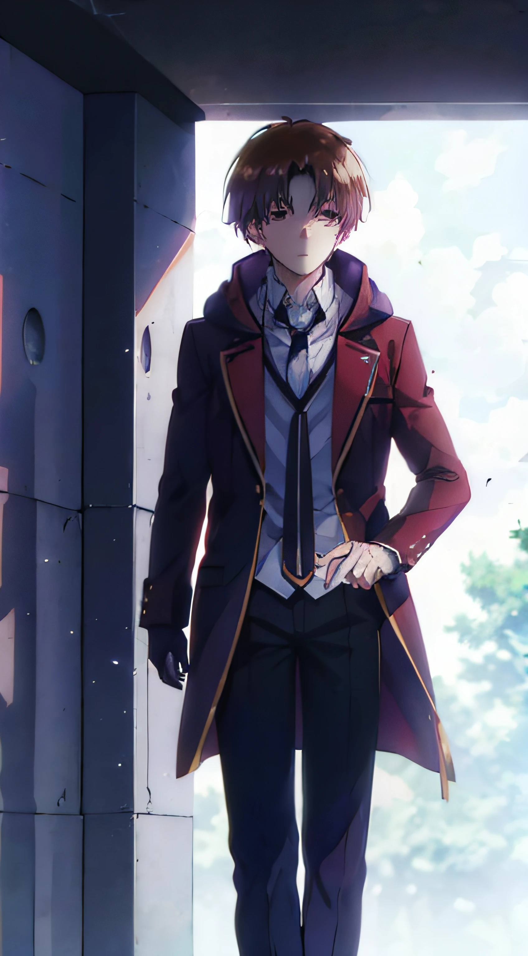 Ayanokouji Kiyotaka, 1child, Enfoque masculino, brown hair, capa con capucha negra, abrigo negro, Gabardina, Guantes negros, pantalones negros, ojos rojos, ojos brillantes, Mirando al espectador, morado ardiente,