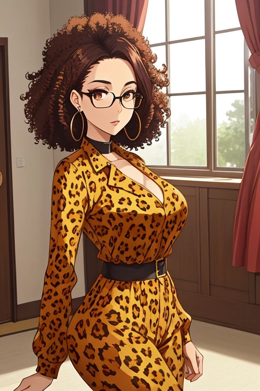 masutepiece, Best Quality:1.2),Detailed face, Detailed eyes, eye glass、big afro、forehead、large earring、 Curly hair, Large breasts, Elegant woman, leopard print jumpsuit, Wide pants、inside in room, Full body