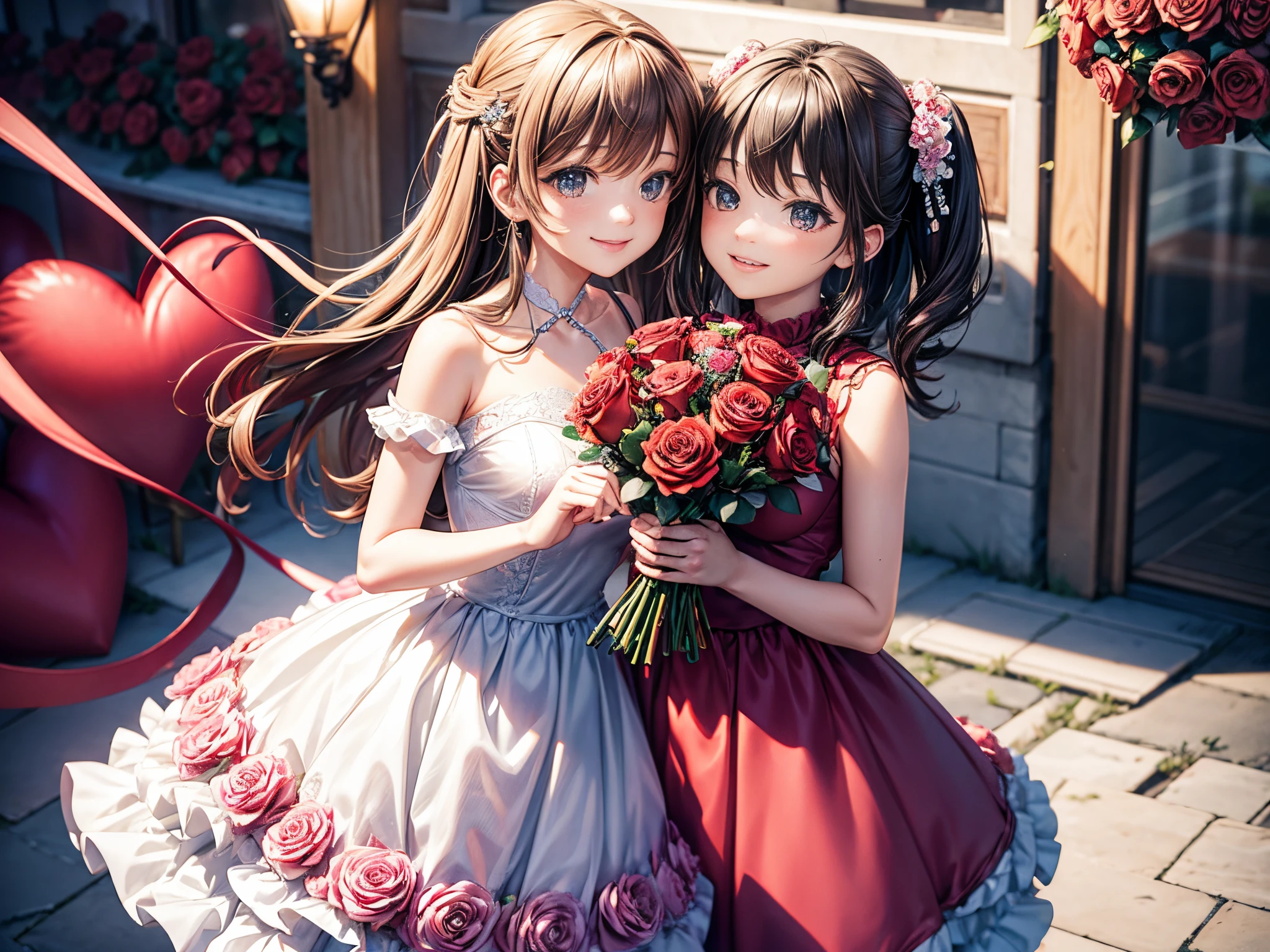 Capture the essence of romance with a medium shot of a stunning bouquet where 3D hearts intertwine with roses. Enhance the vibrancy of this Valentine's Day floral arrangement