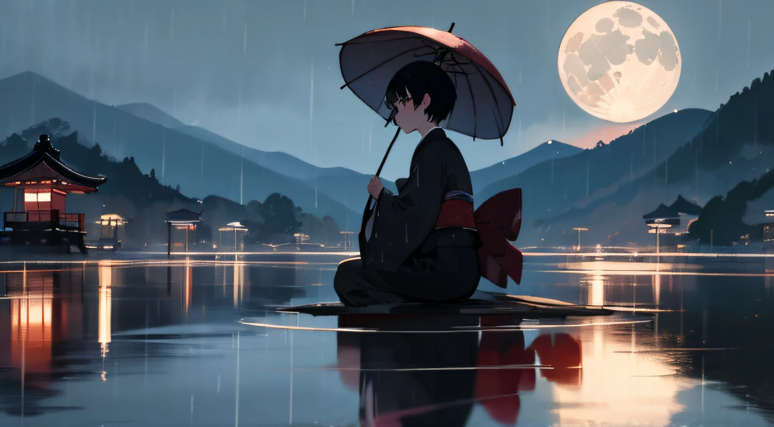 kyoto, night, japan, rain, japanese, mountain, chill, ambient, quiet, high res, ultrasharp, 8k, masterpiece, kimono girl sit, black short hair, lake, moon, reflection