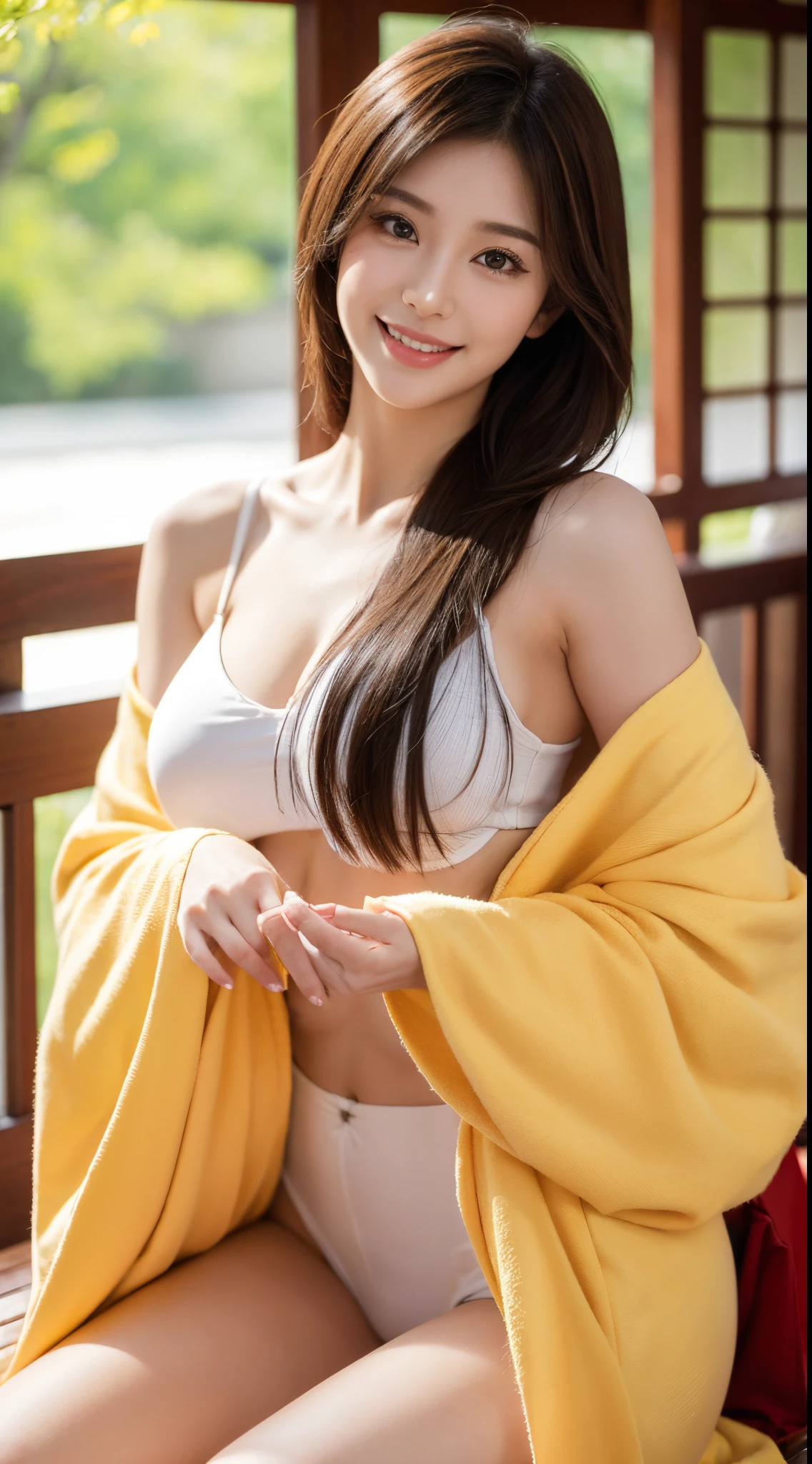 (Mastrepeace:1.2,Best Quality,ultra-detailliert) sexy kimono, Bare shoulder, Bare legs, Open V chest clothes, sexy cute beautiful detailed face, 1girl in, The face of the Japan idol, NSFW, The cherry tree, Yellow long hair, Big smile, Nice teeth, Sexy Pose, huge tit