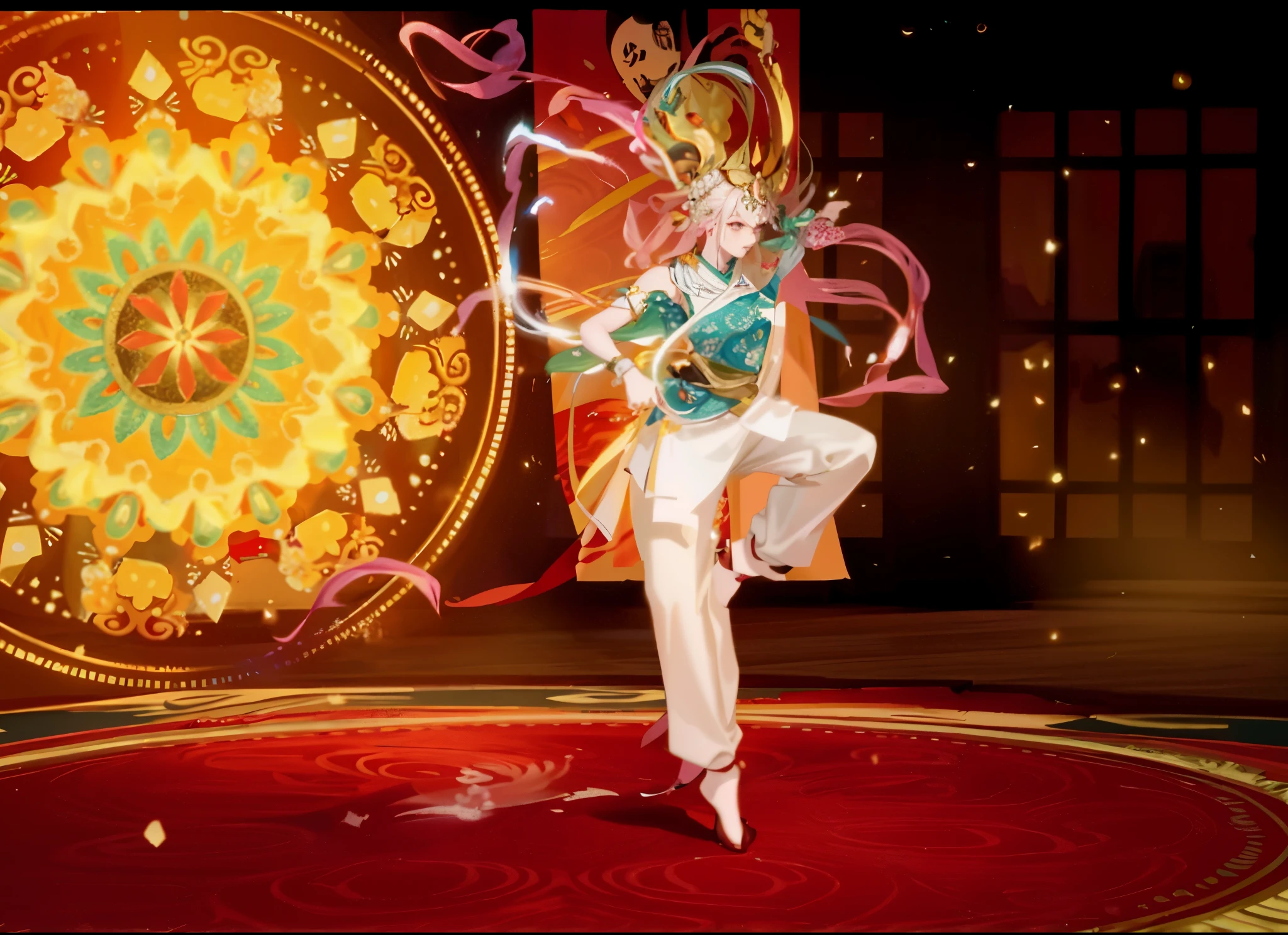 Fey dances on the red carpet in an orange and white outfit, 《the original god》Keqing in, 《the original god》Zhongli in Zhongli, fighting game character, video game screenshot, ayaka game genshin impact, Ayaka Genshin impact, Inspired by Puhua, Genshin impact's character, genshin impact style, Assume complex fighting poses
